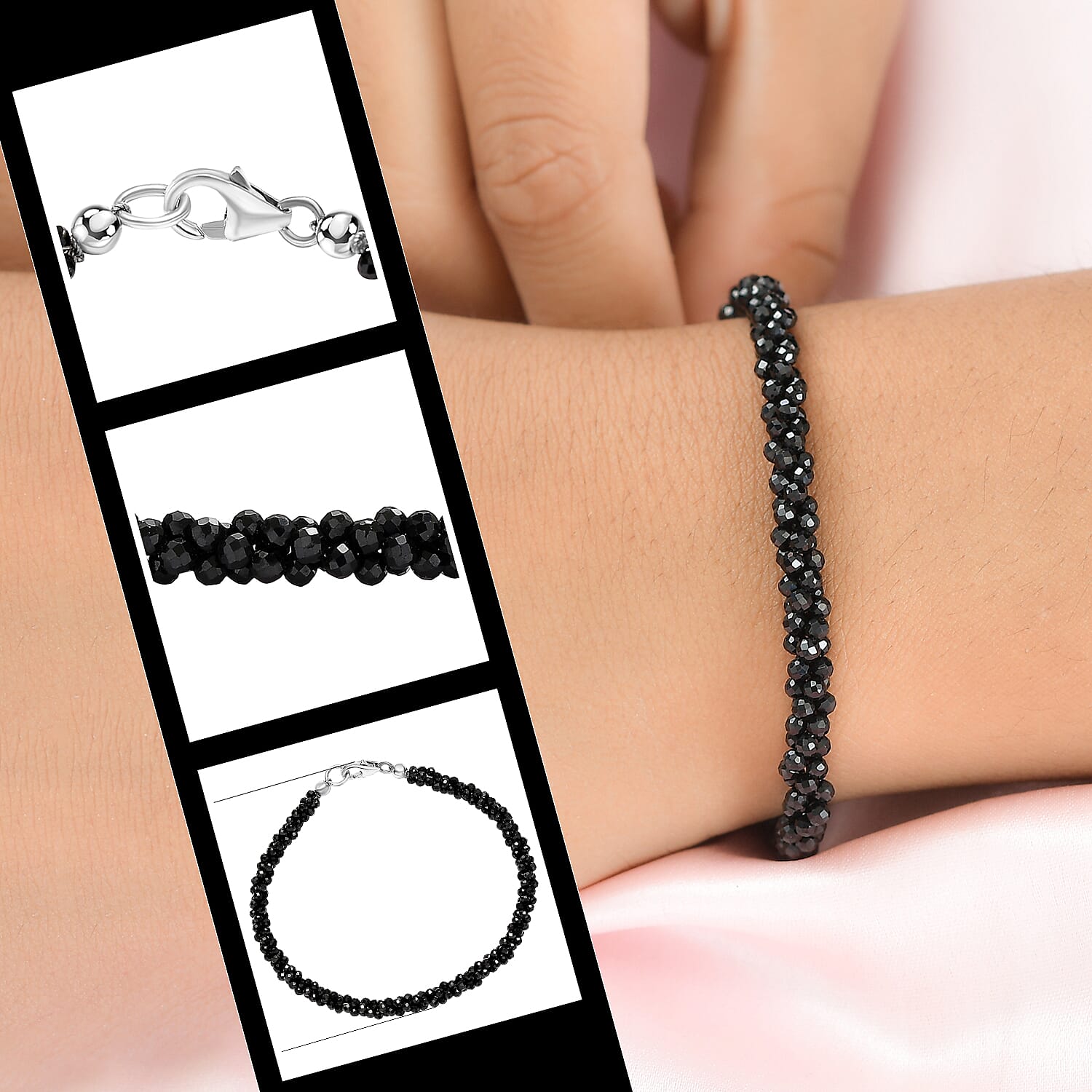 Boi Ploi Black Spinel Beads Bracelet (Size - 7.5) in Rhodium Overlay Sterling Silver 26.55 Ct.