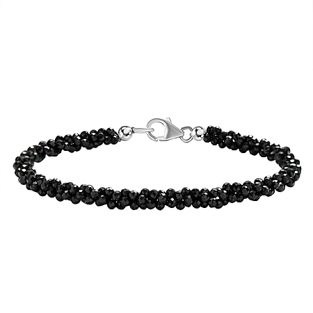 Black Spinel Beads Bracelet (Size - 7.5) in Rhodium Overlay Sterling Silver 28.00 ct 28.000 Ct.