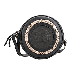 100% Genuine Leather Weaving Round Crossbody Bag - Tan