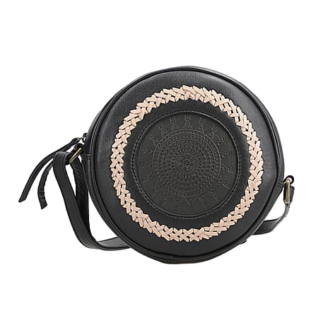 100% Genuine Leather Weaving Round Crossbody Bag - Black