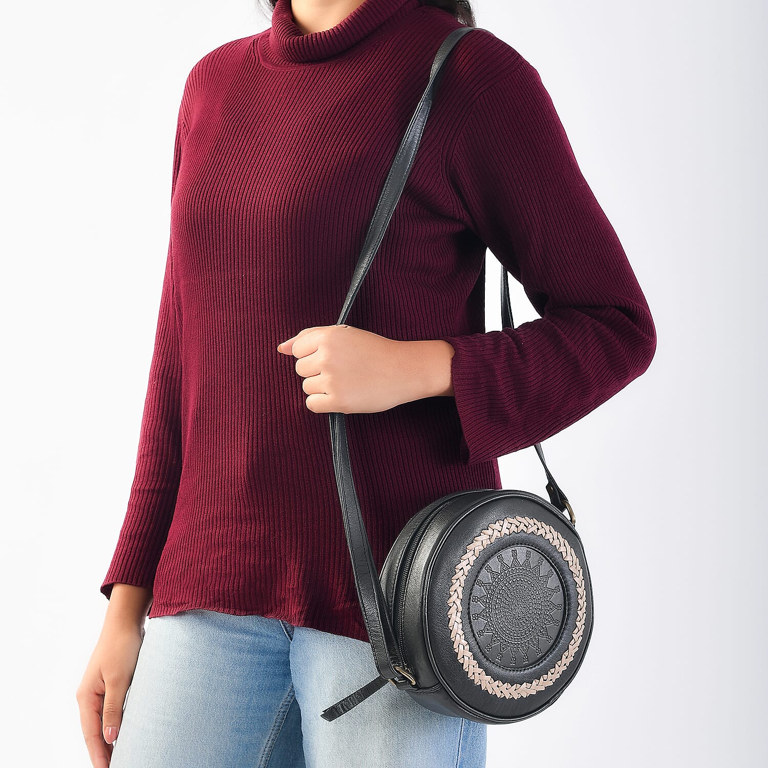 Leather Round Crossbody Bag - Black