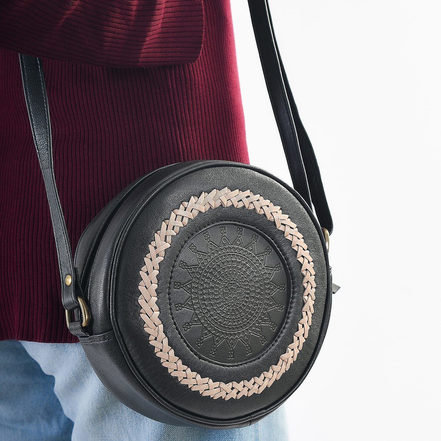 Leather Round Crossbody Bag - Black