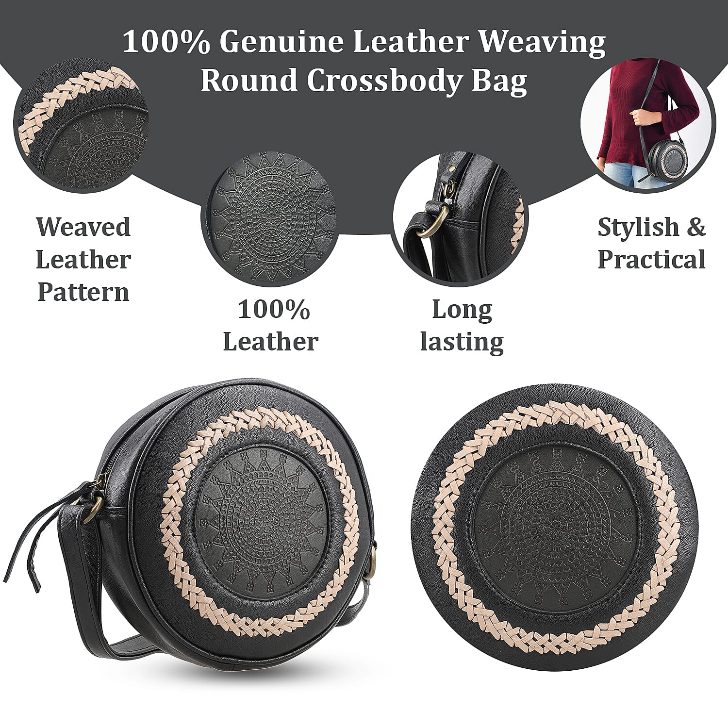 Leather Round Crossbody Bag - Black