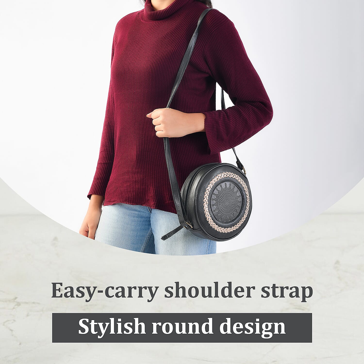 Leather Round Crossbody Bag - Black