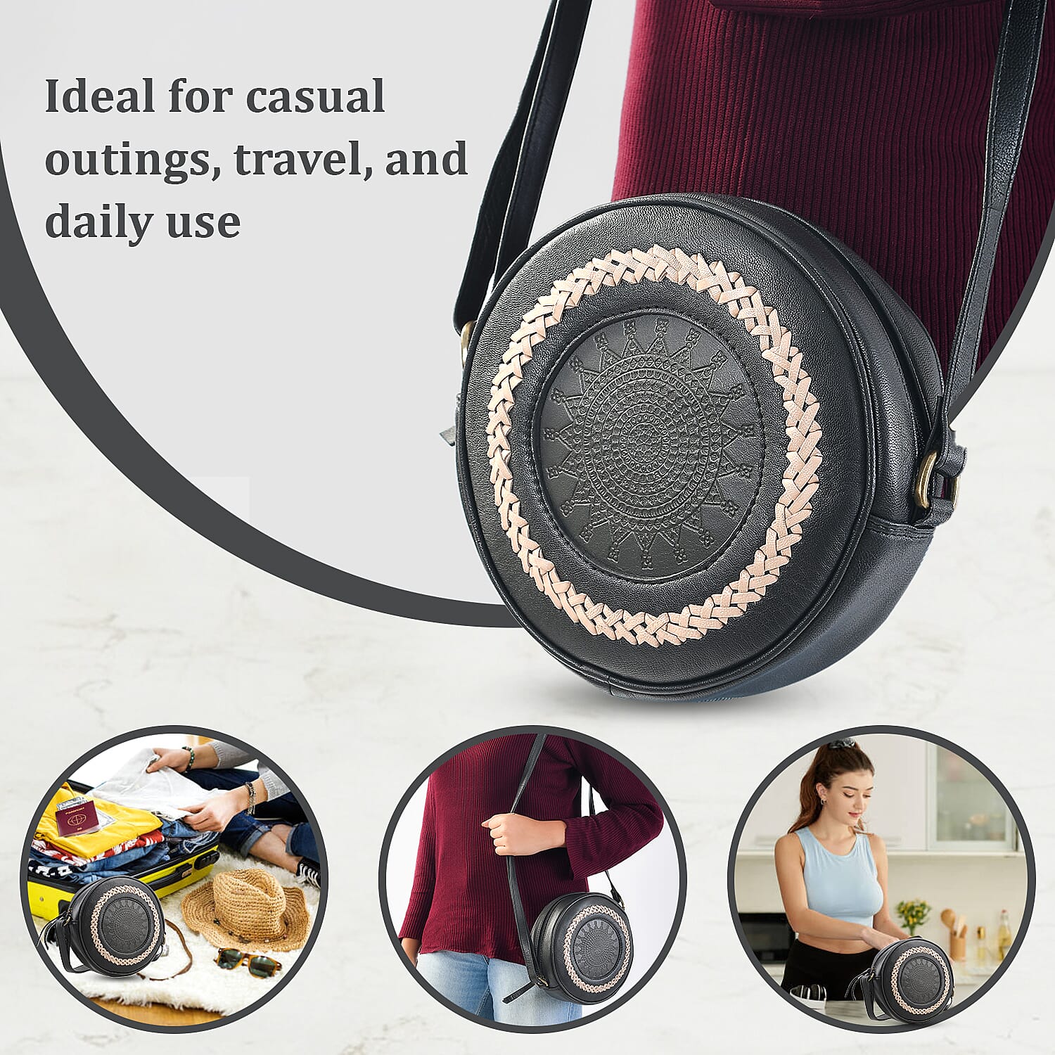 Leather Round Crossbody Bag - Black