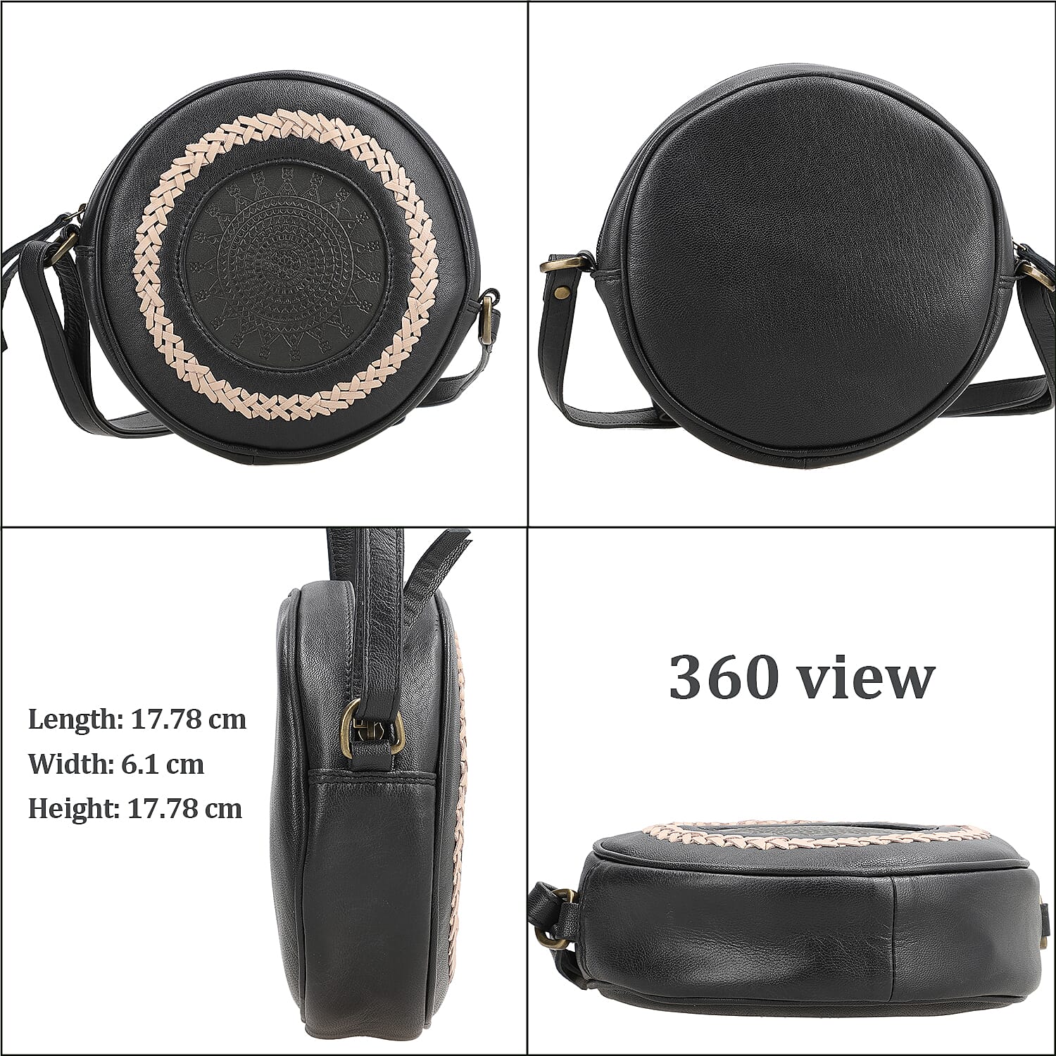 Leather Round Crossbody Bag - Black