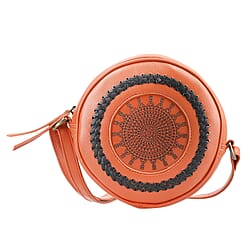 100% Genuine Leather Weaving Round Crossbody Bag - Tan