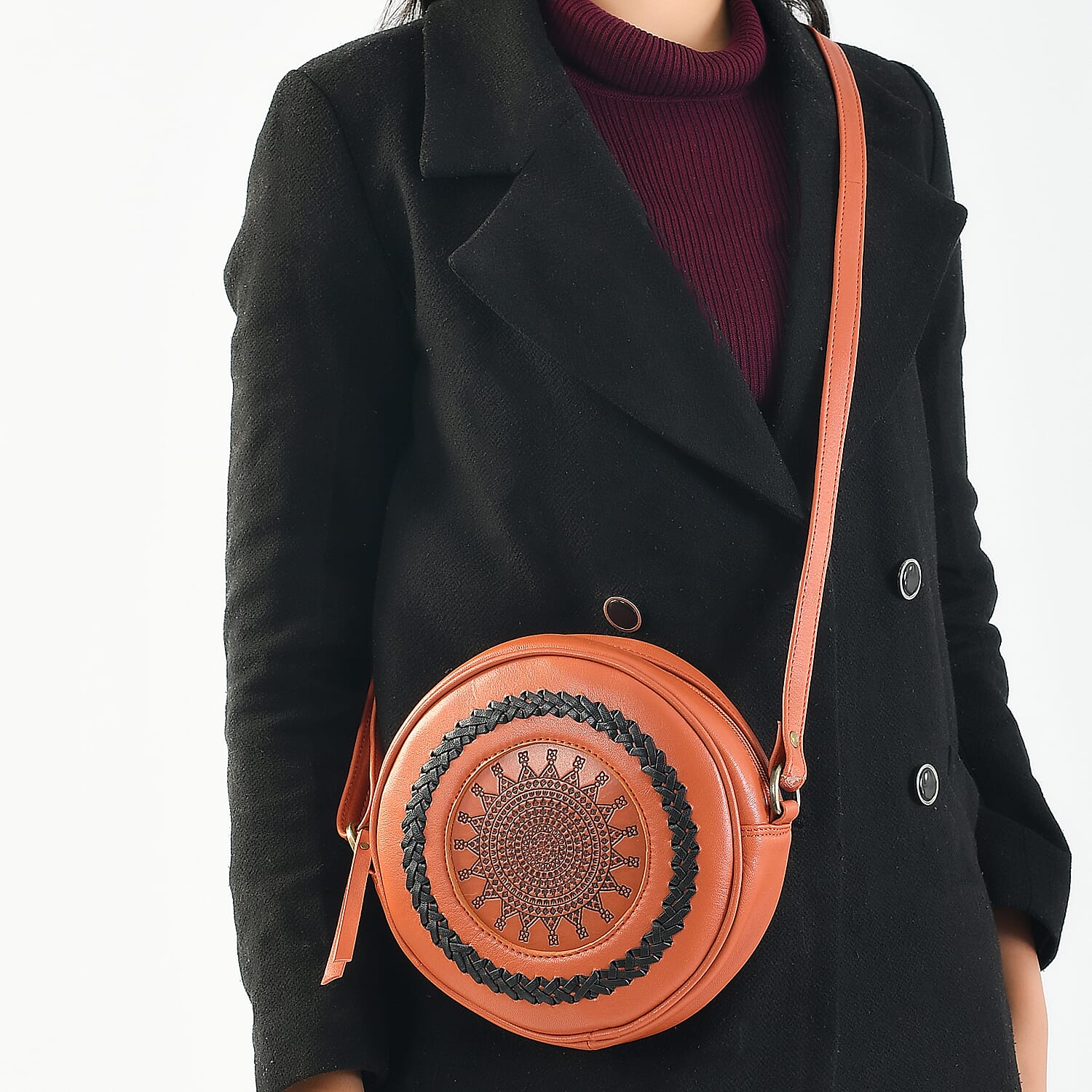 100% Genuine Leather Weaving Round Crossbody Bag - Brown