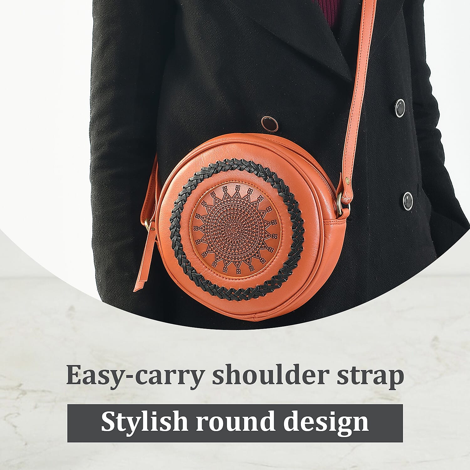 100% Genuine Leather Weaving Round Crossbody Bag - Brown