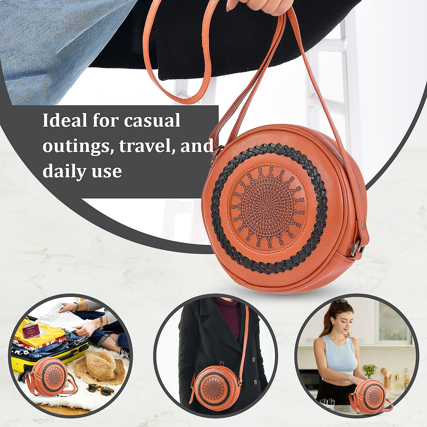 100% Genuine Leather Weaving Round Crossbody Bag - Brown