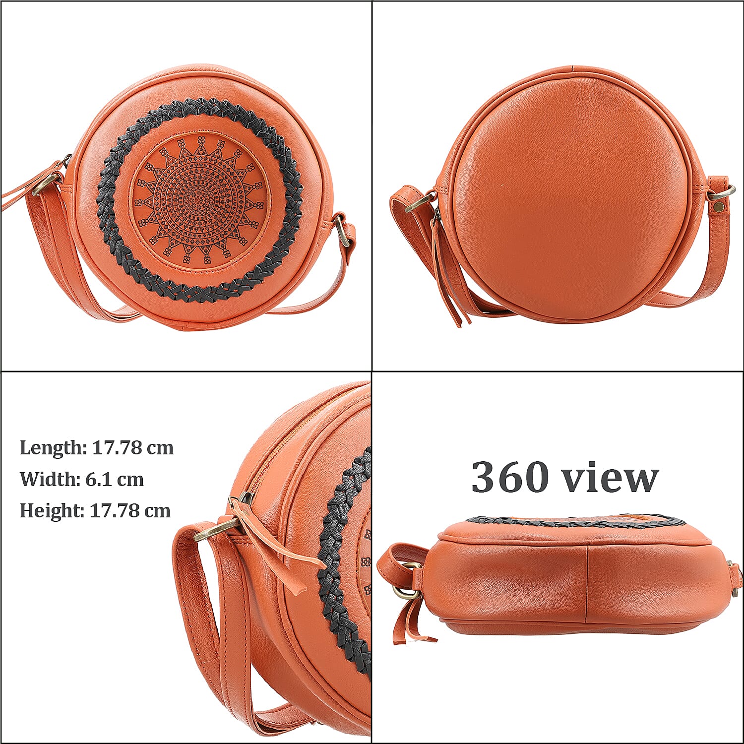 100% Genuine Leather Weaving Round Crossbody Bag - Brown