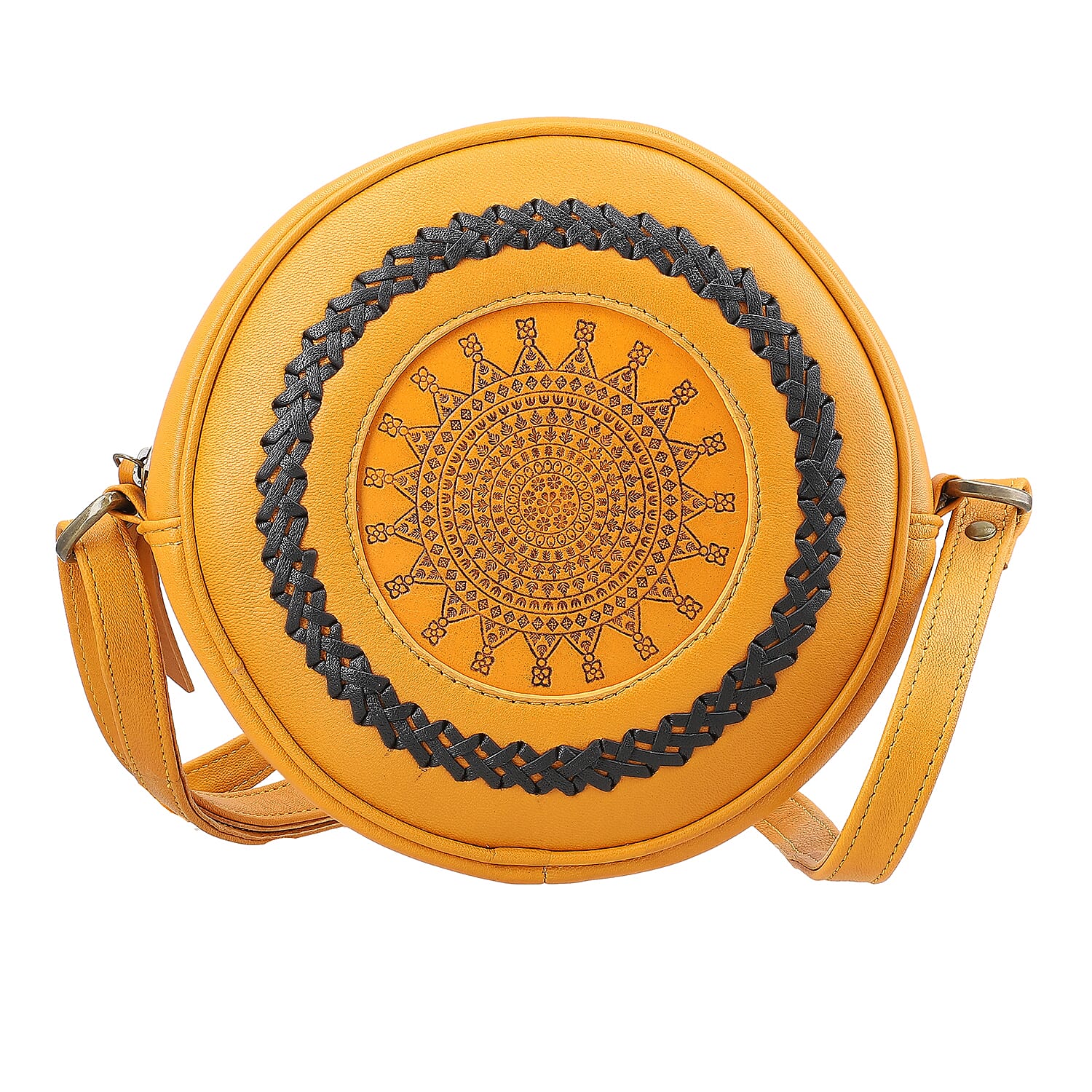 100% Genuine Leather Weaving Round Crossbody Bag - Tan