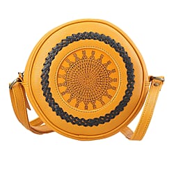 100% Genuine Leather Weaving Round Crossbody Bag - Tan