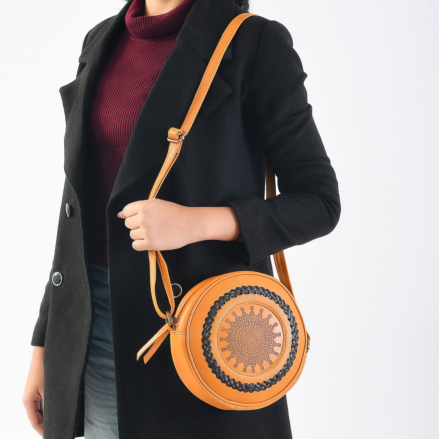 100% Genuine Leather Weaving Round Crossbody Bag - Tan
