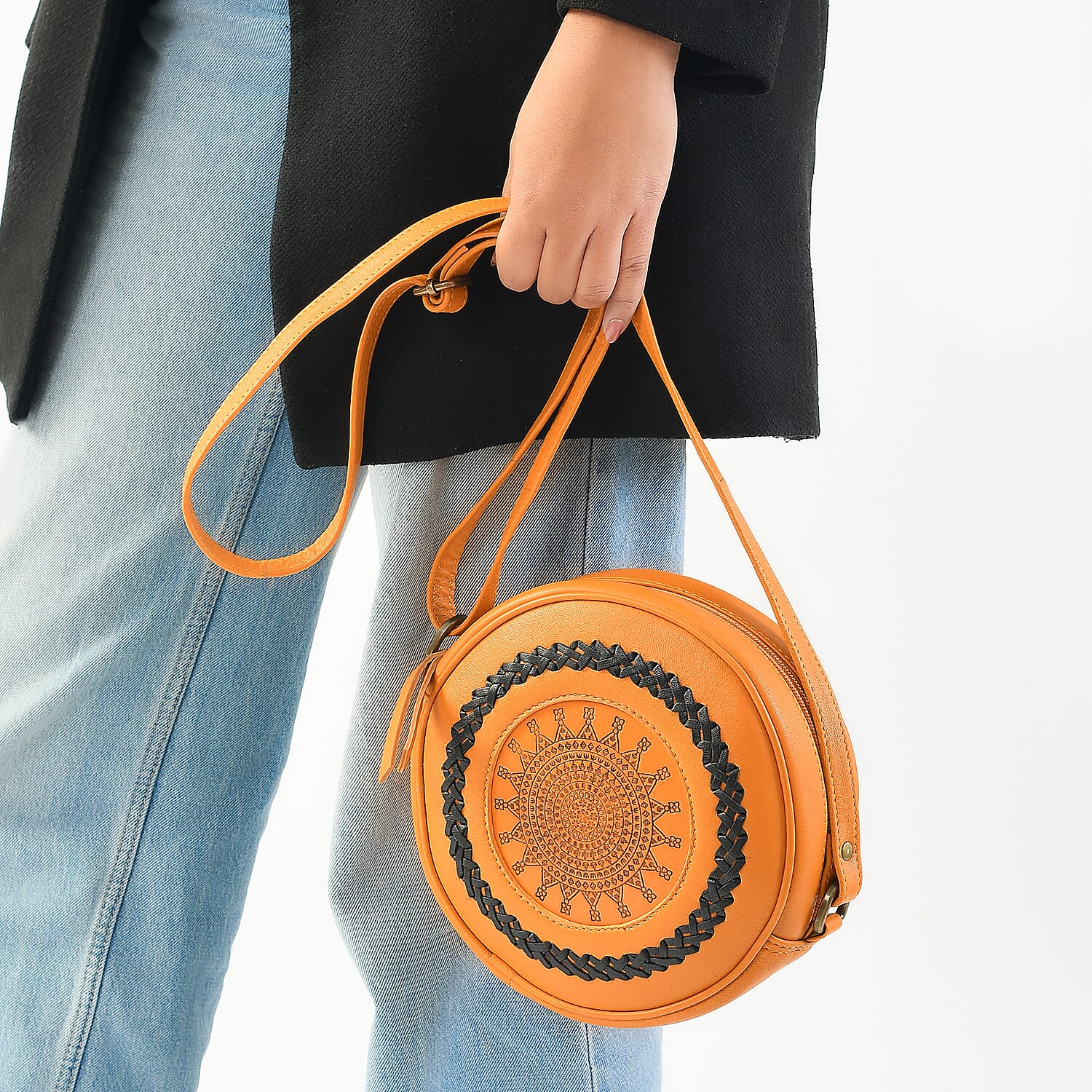 100% Genuine Leather Weaving Round Crossbody Bag - Tan