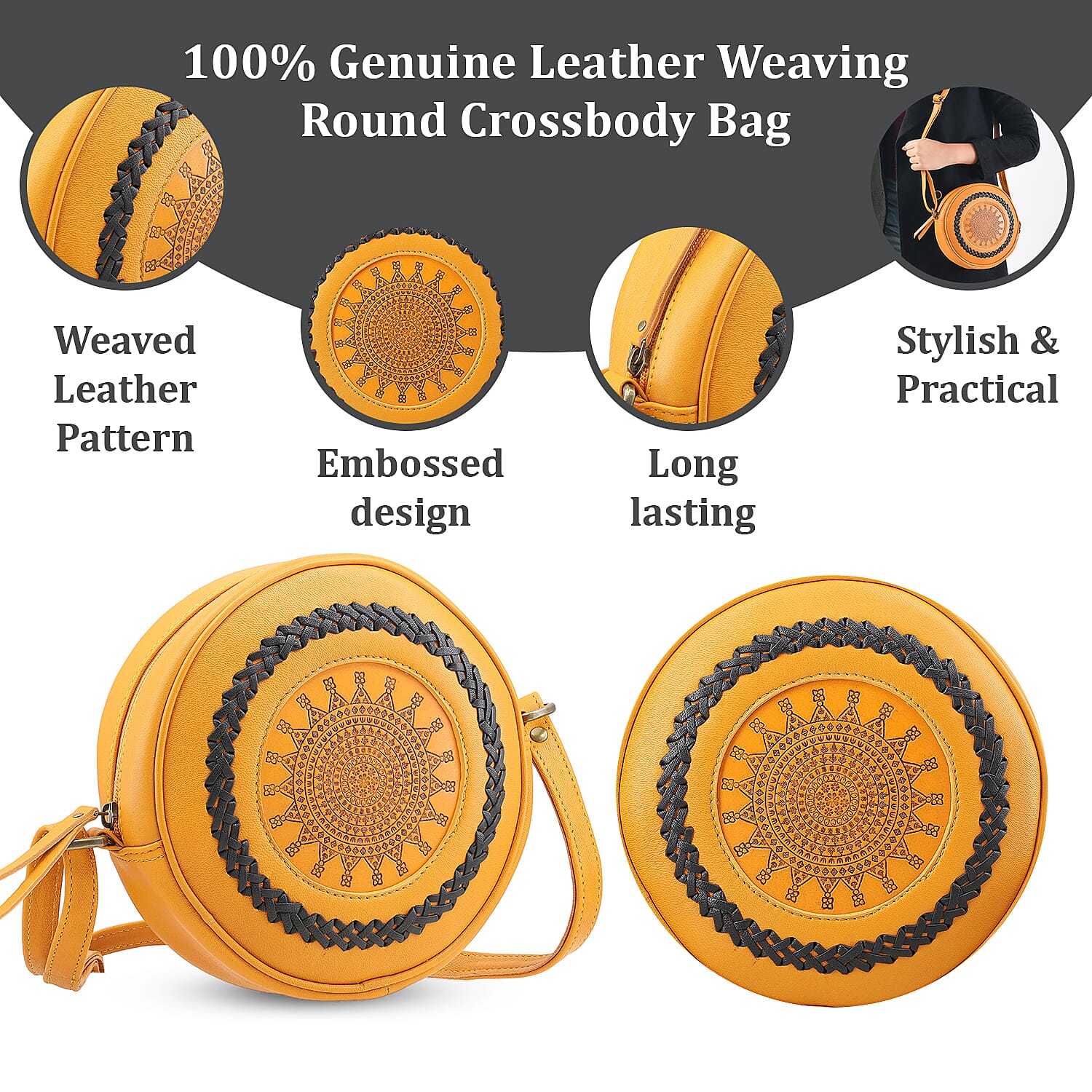 100% Genuine Leather Weaving Round Crossbody Bag - Tan