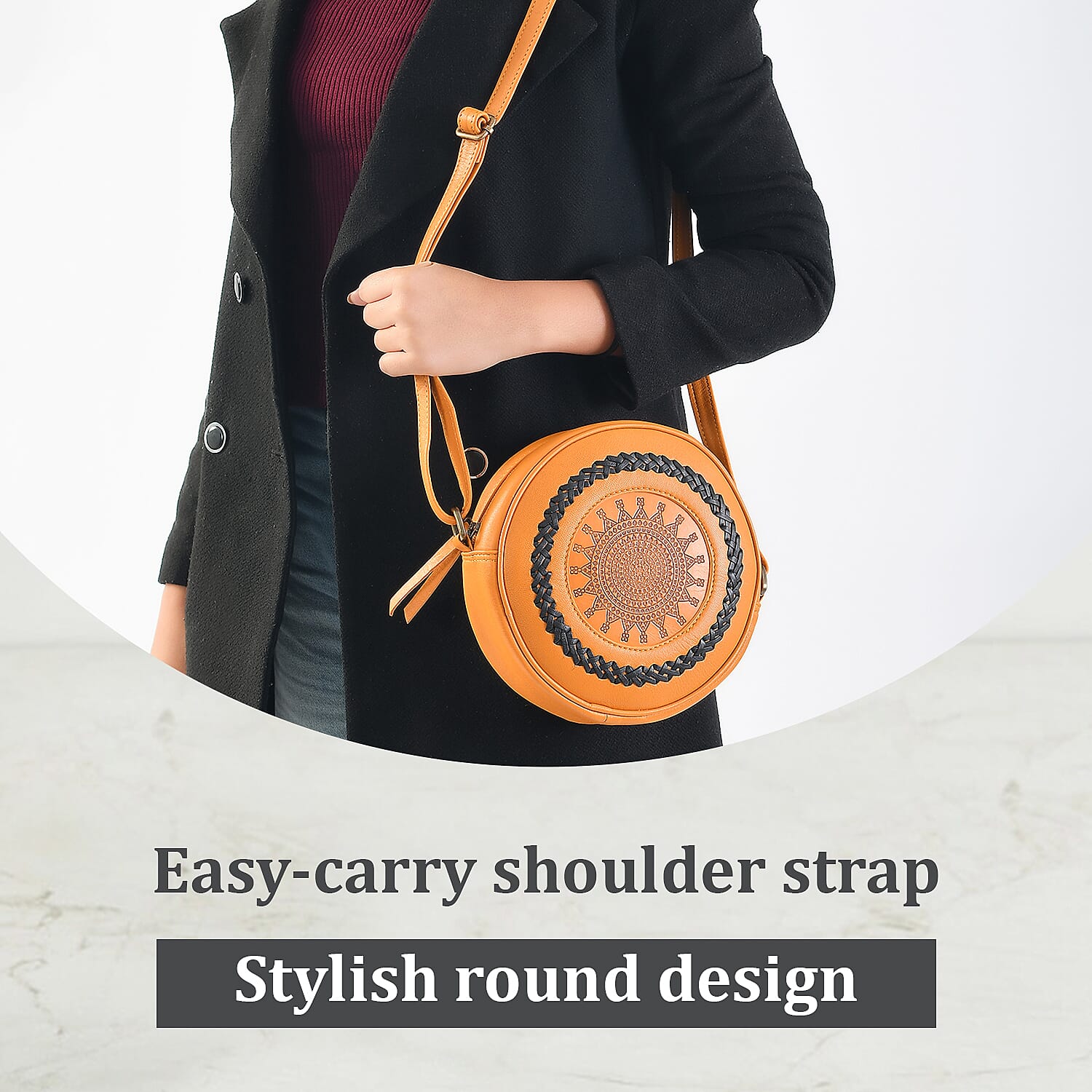 100% Genuine Leather Weaving Round Crossbody Bag - Tan