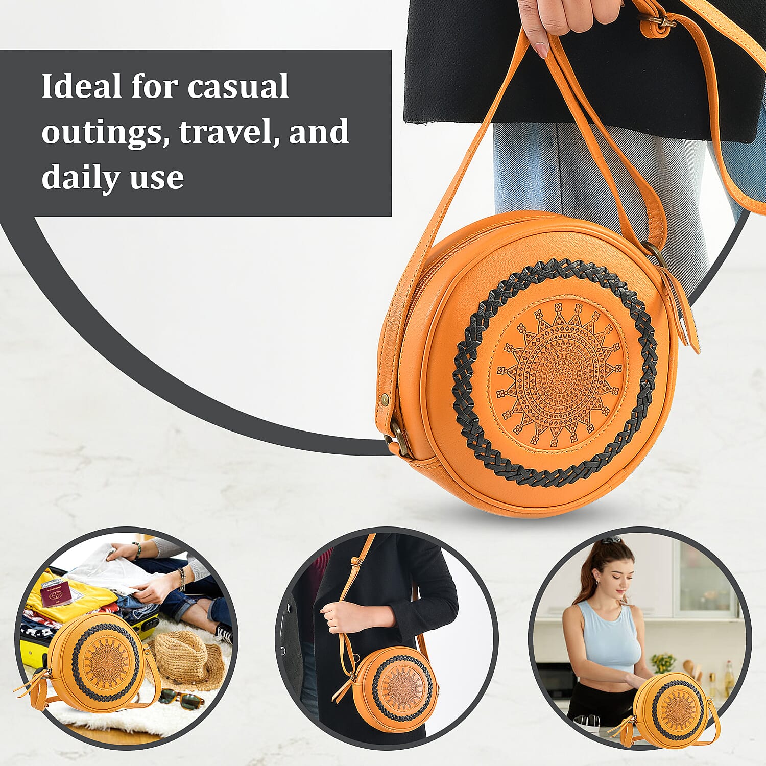 100% Genuine Leather Weaving Round Crossbody Bag - Tan