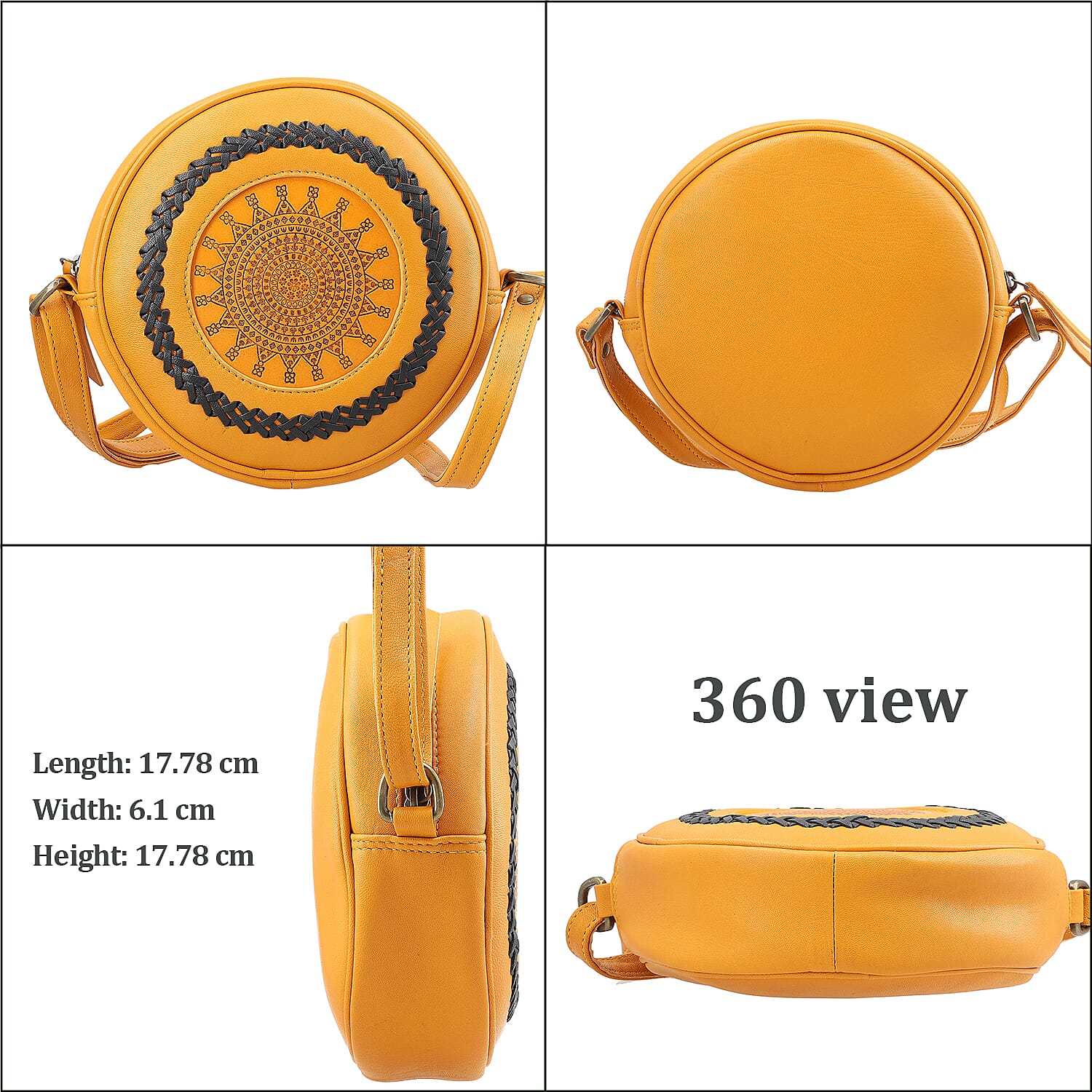 100% Genuine Leather Weaving Round Crossbody Bag - Tan