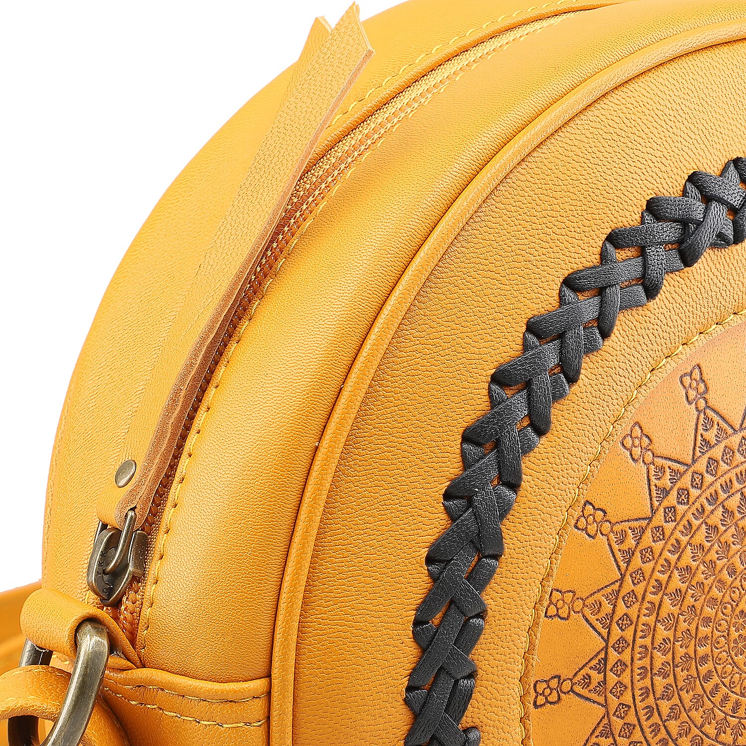 100% Genuine Leather Weaving Round Crossbody Bag - Tan