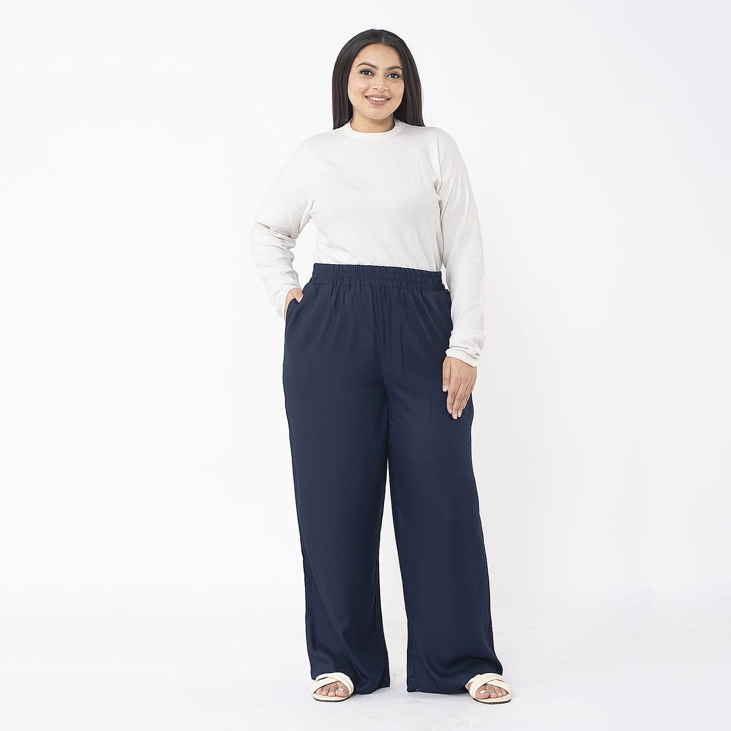 TAMSY 100% Viscose Solid Pant (Size S,8-12) - Navy