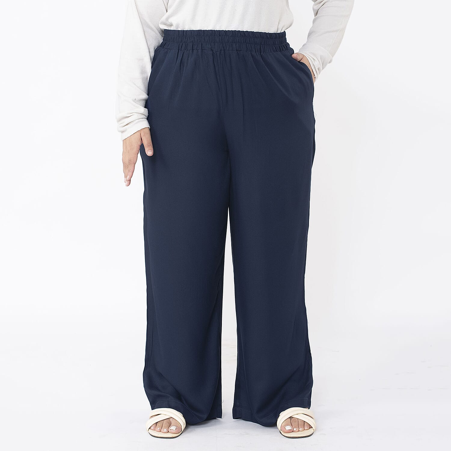 TAMSY 100% Viscose Solid Pant (Size S,8-12) - Navy