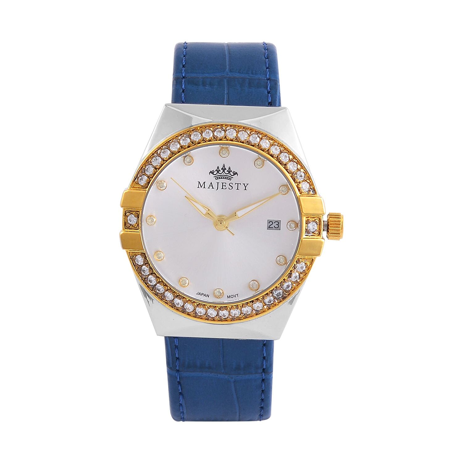 MAJESTY Miyota 2115 With White CZ 36mm White Sunshine Dial in Dual Tone 3ATM WR Watch With Blue Genuine Leather Strap