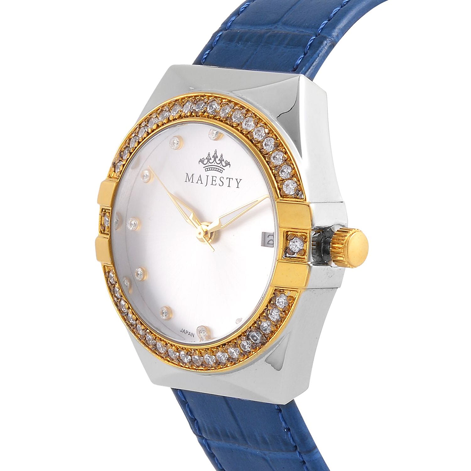 MAJESTY Miyota 2115 With White CZ 36mm White Sunshine Dial in Dual Tone 3ATM WR Watch With Blue Genuine Leather Strap