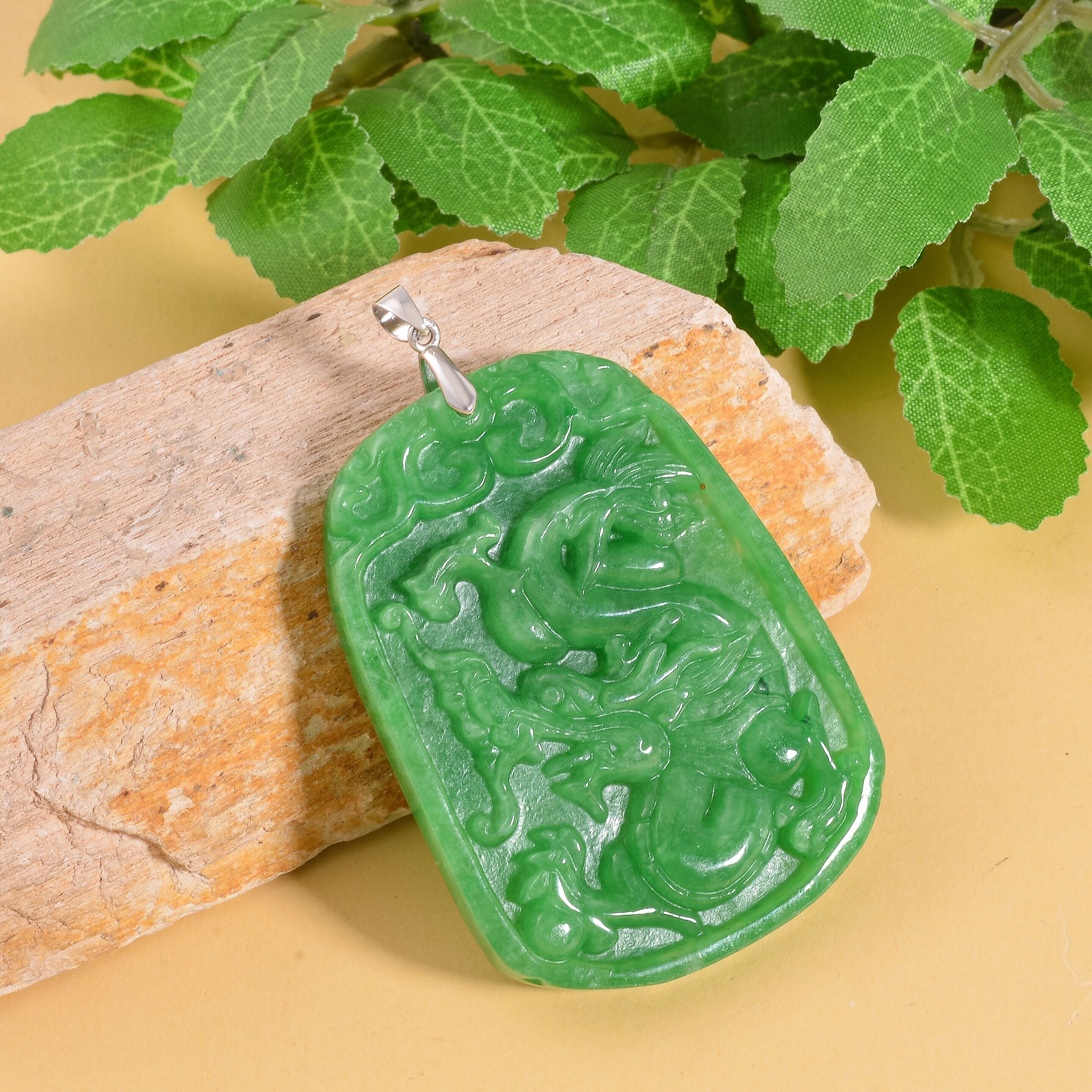 AAA Green Jade Dragon Carved Pendant in Rhodium Overlay Sterling Silver 163.85 Ct.