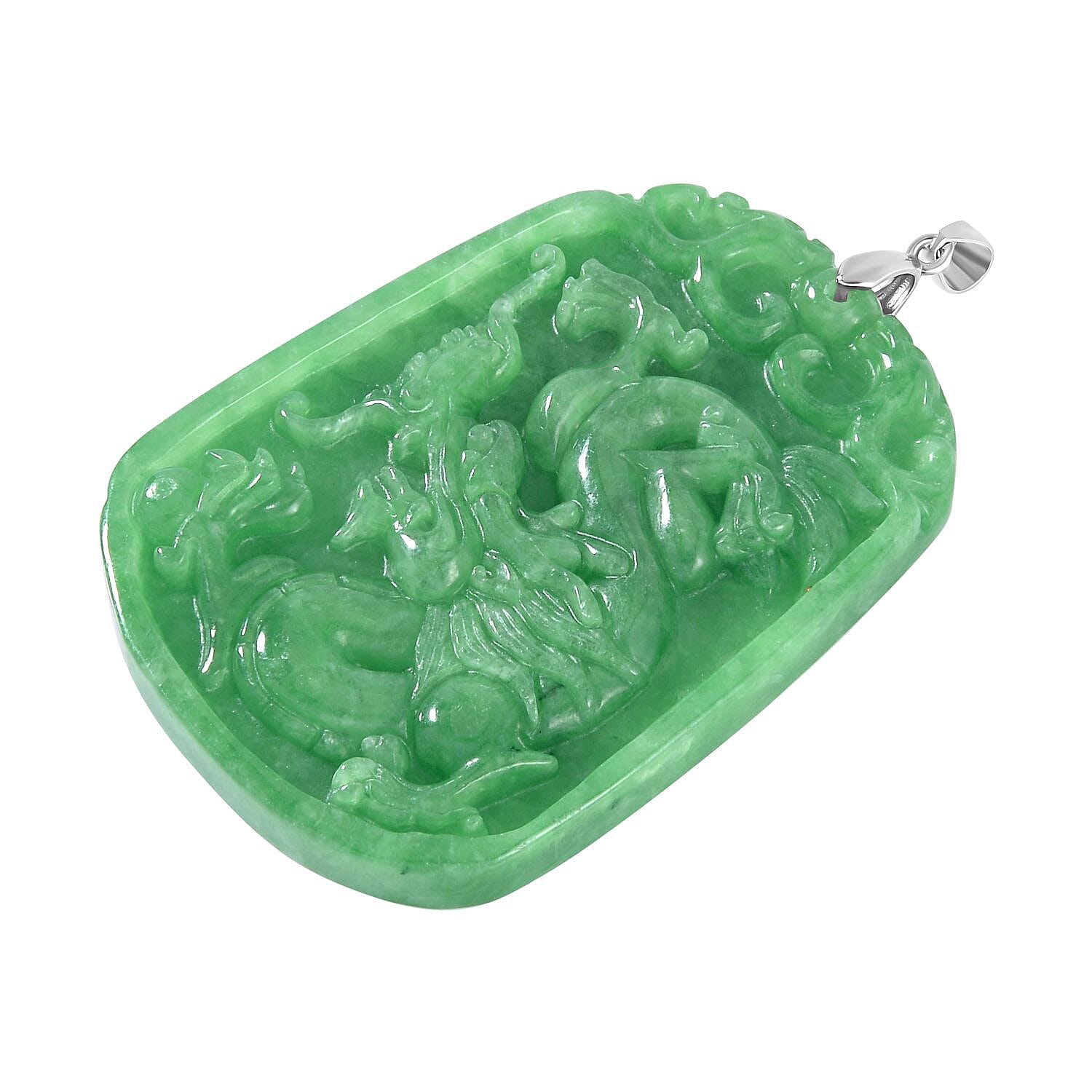 AAA Green Jade Dragon Carved Pendant in Rhodium Overlay Sterling Silver 163.85 Ct.