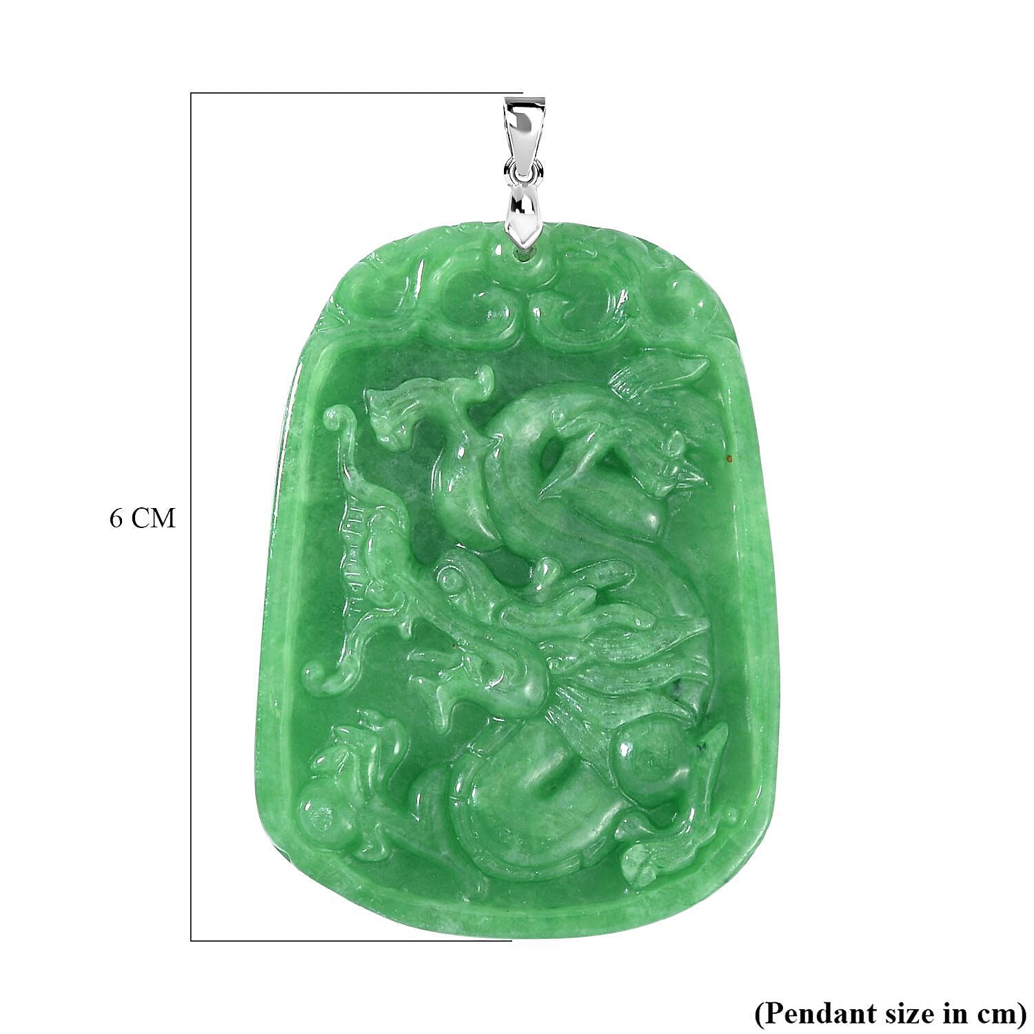 AAA Green Jade Dragon Carved Pendant in Rhodium Overlay Sterling Silver 163.85 Ct.