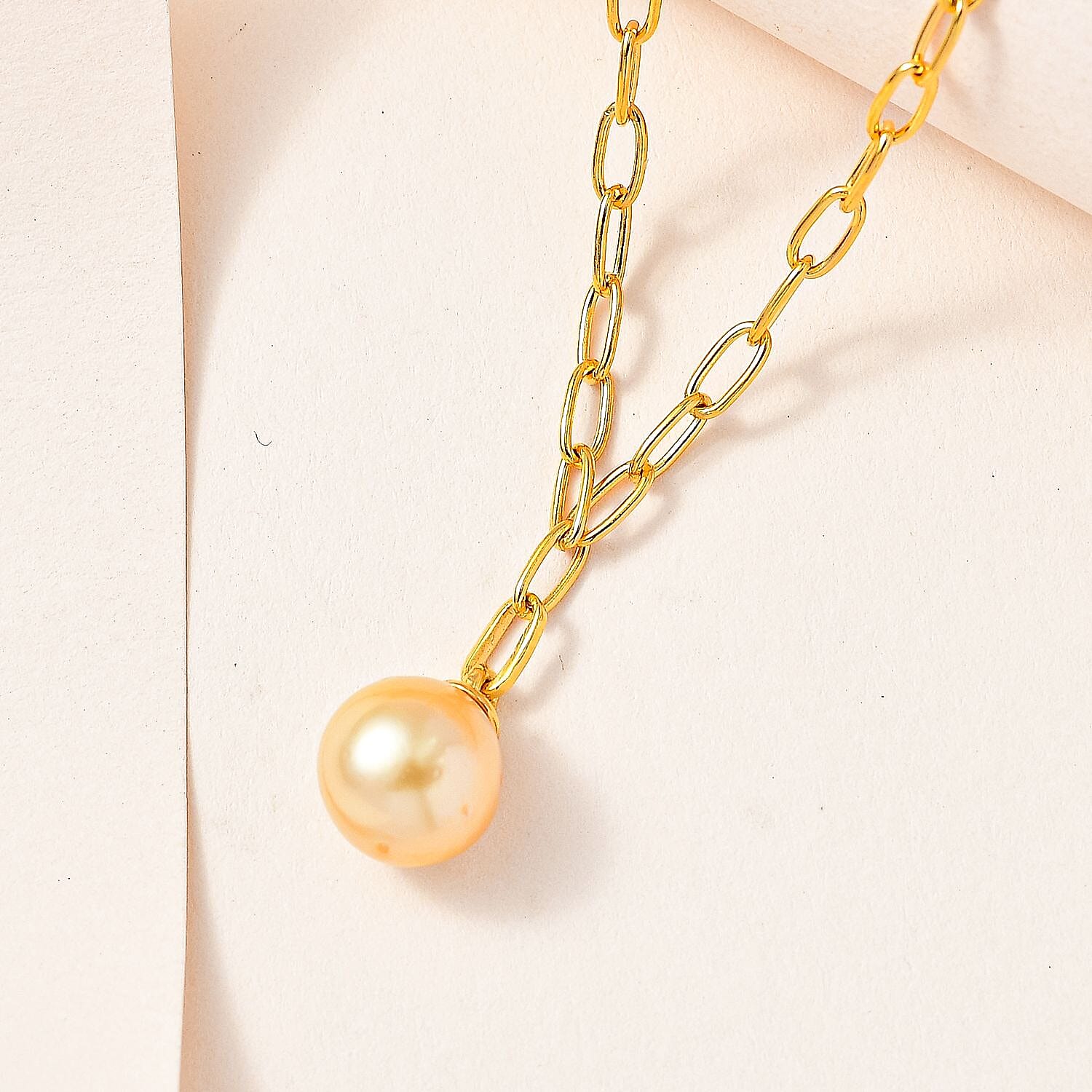 Designer Inspired- Golden South Sea Pearl (10MM) Paperclip Necklace (Size 18) in 18K Yellow Gold Vermeil Plated Sterling Silver
