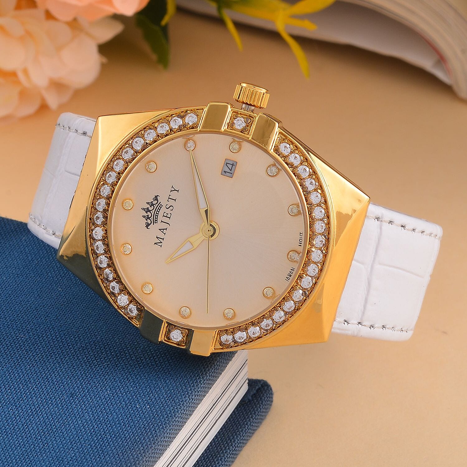 MAJESTY Japanese Miyota Movement Watch with Cubic Zirconia Dial and White Genuine Leather Strap