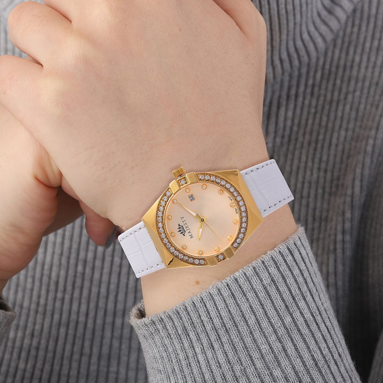 MAJESTY Japanese Miyota Movement Watch with Cubic Zirconia Dial and White Genuine Leather Strap