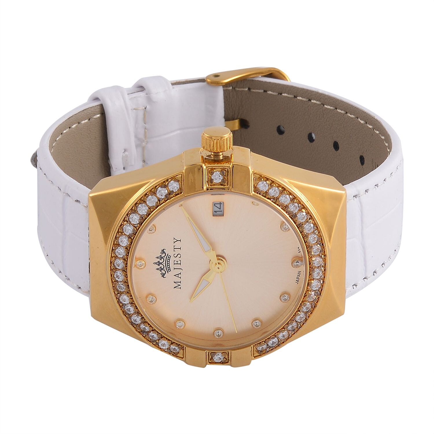 MAJESTY Japanese Miyota Movement Watch with Cubic Zirconia Dial and White Genuine Leather Strap