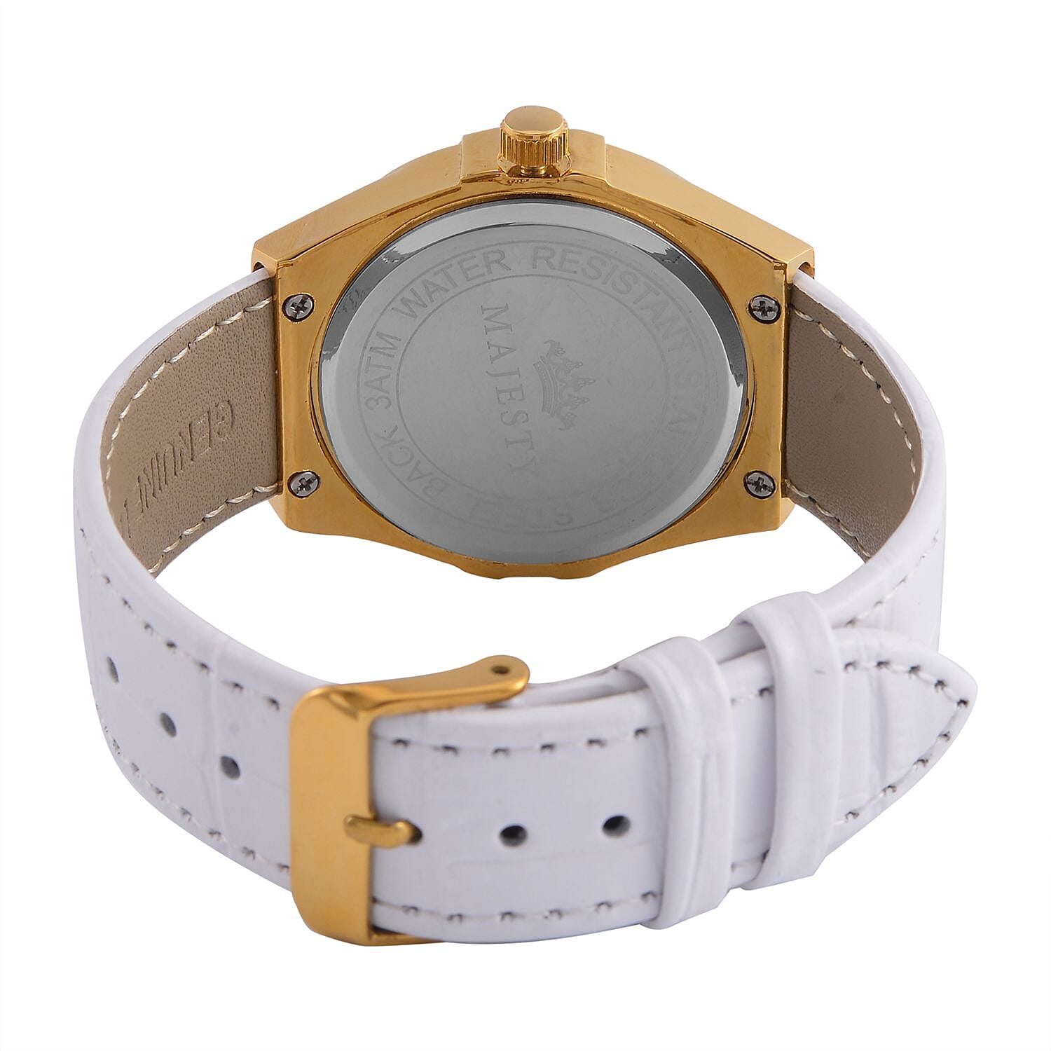 MAJESTY Japanese Miyota Movement Watch with Cubic Zirconia Dial and White Genuine Leather Strap