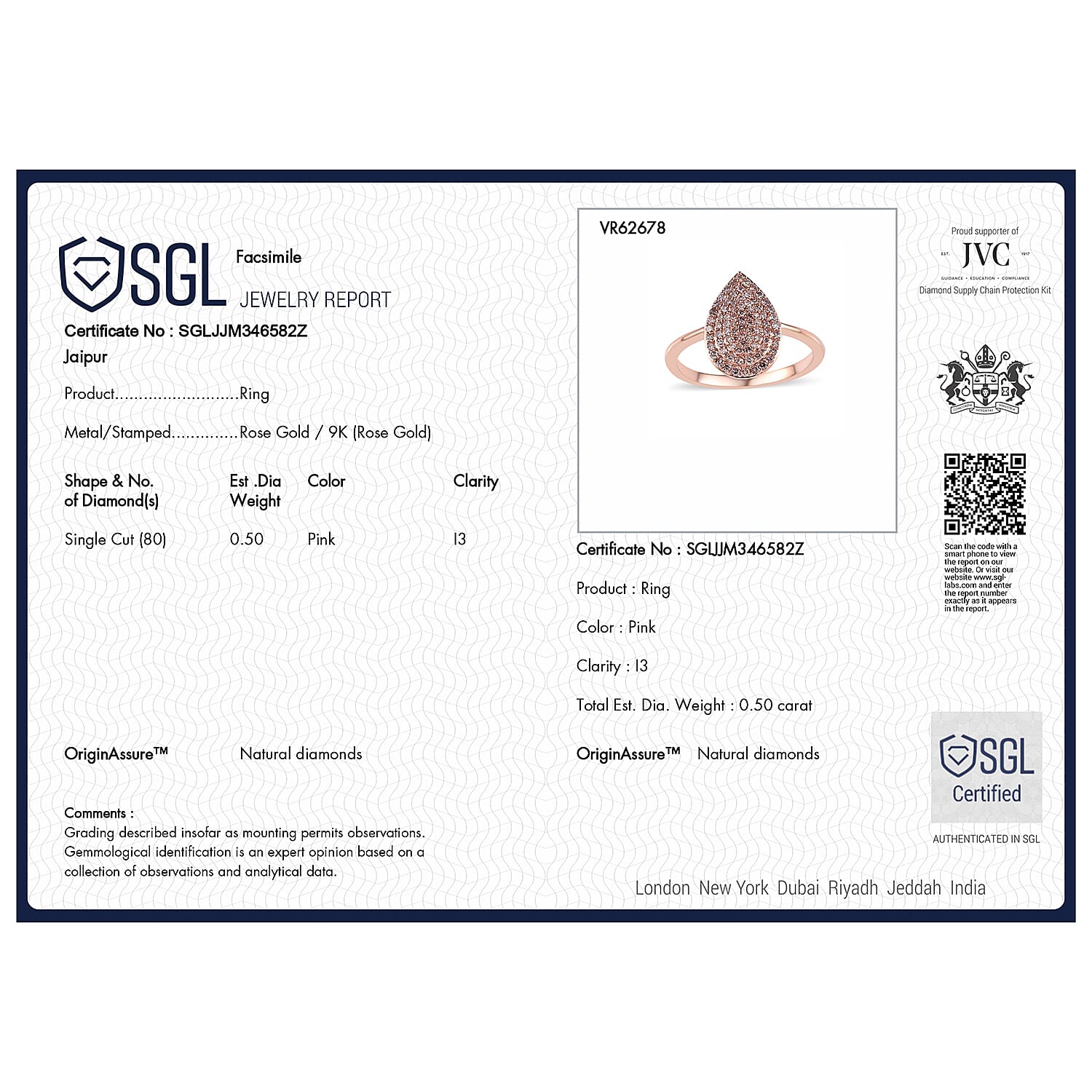 9K Rose Gold SGL Certified Natural Pink Diamond Ring 0.50 Ct