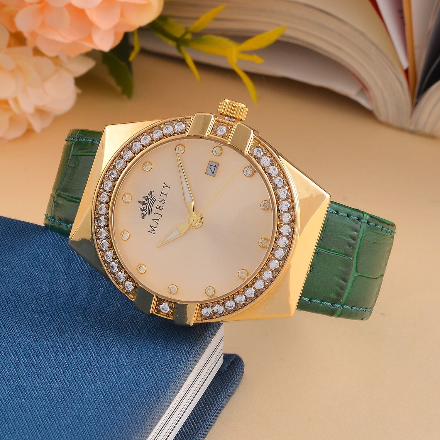 MAJESTY Miyota 2115 With White CZ 36mm Gold Sunshine Dial 3ATM WR Watch With Green Genuine Leather Strap