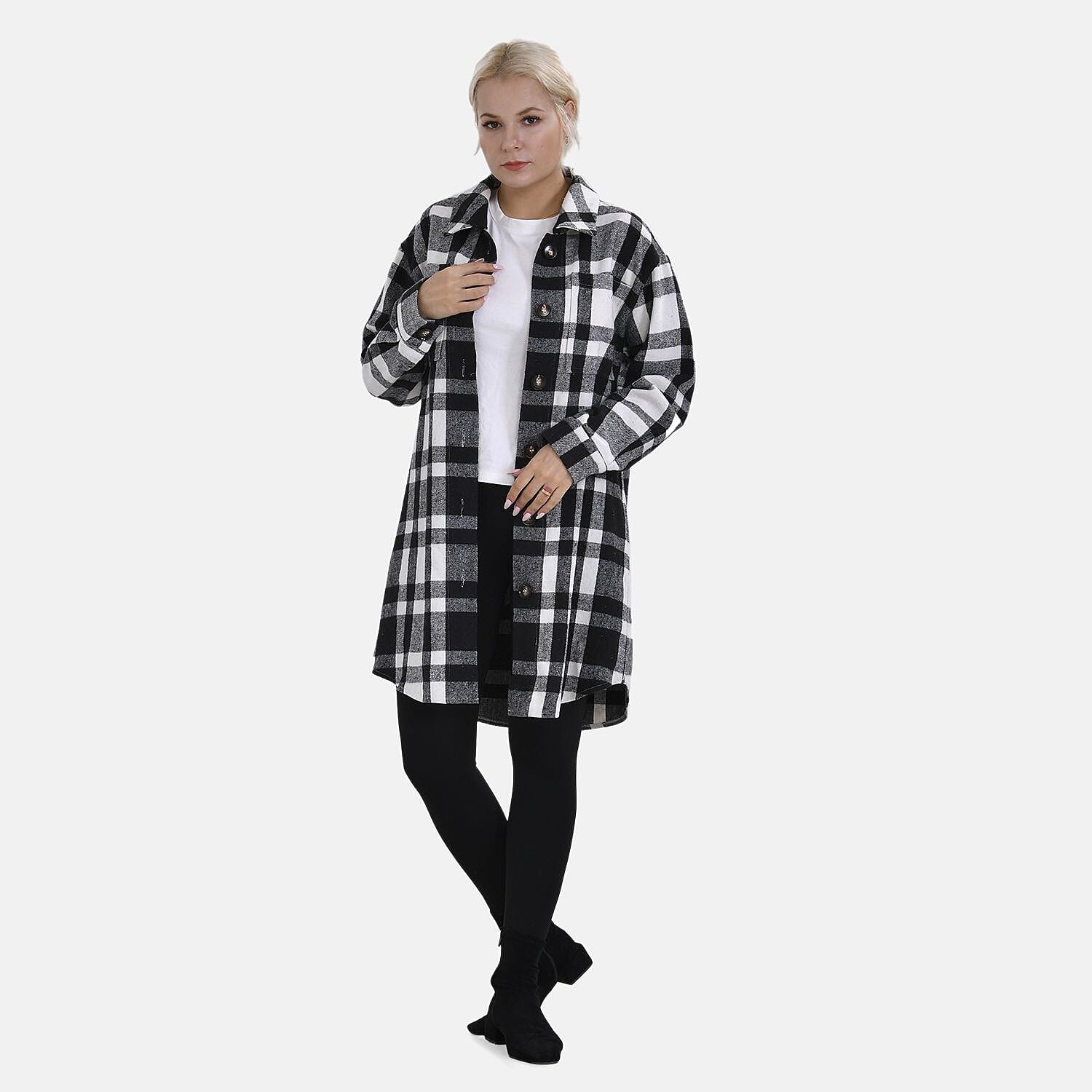 TAMSY Brushed Checked Long Length Shacket (Size M) - Black