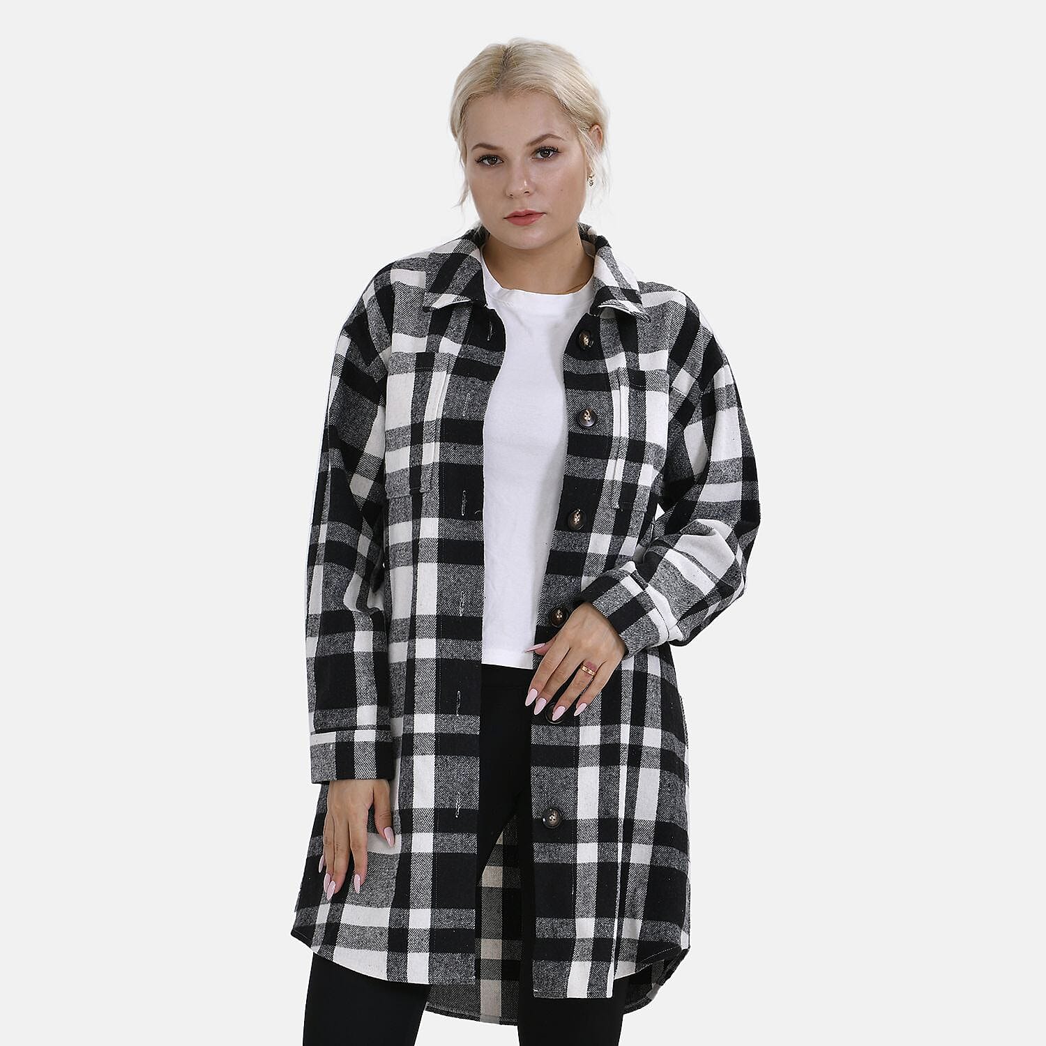 TAMSY Brushed Checked Long Length Shacket (Size M) - Black