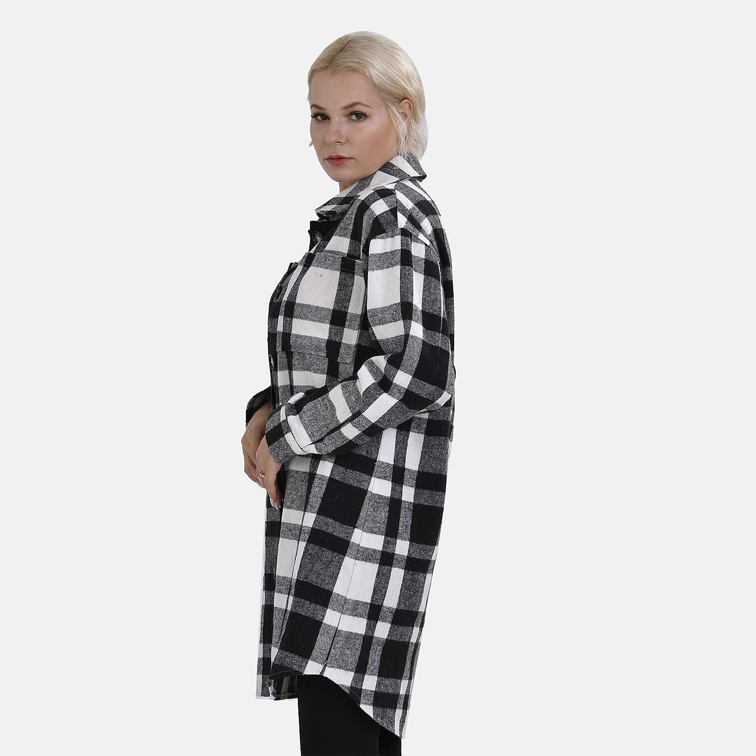 TAMSY Brushed Checked Long Length Shacket (Size M) - Black