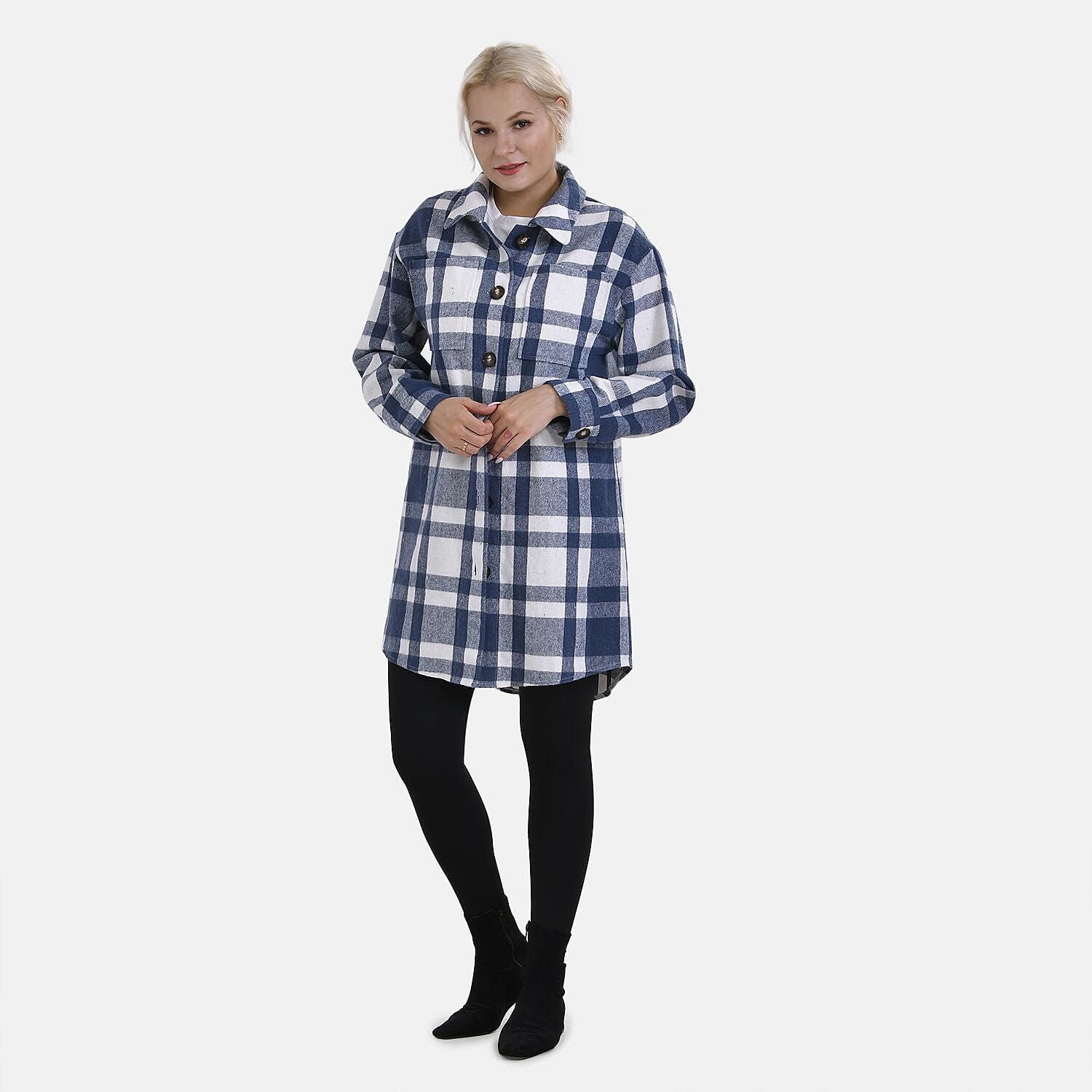 TAMSY Brushed Checked Long Length Shirt Coat - Black