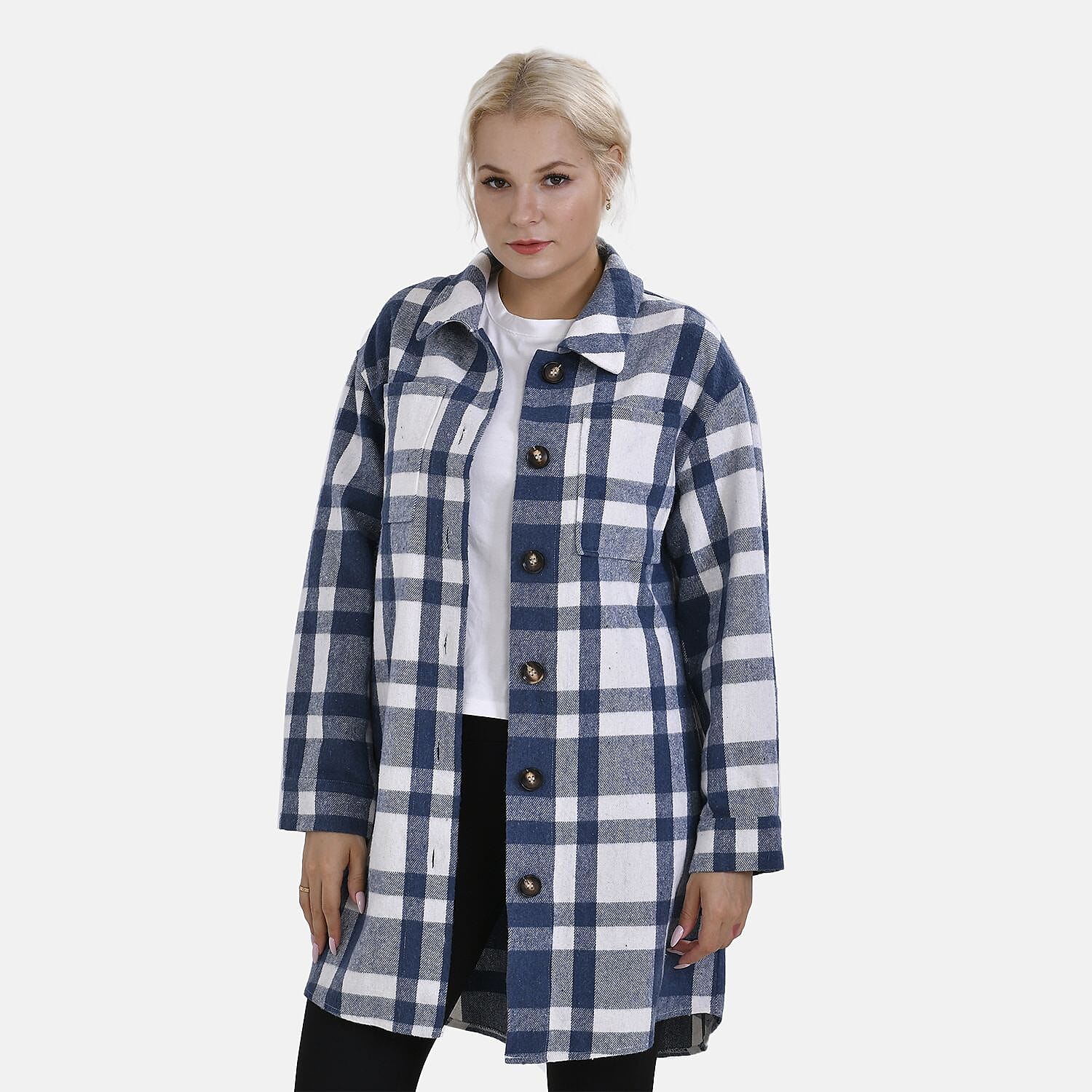 TAMSY Brushed Checked Long Length Shirt Coat - Black