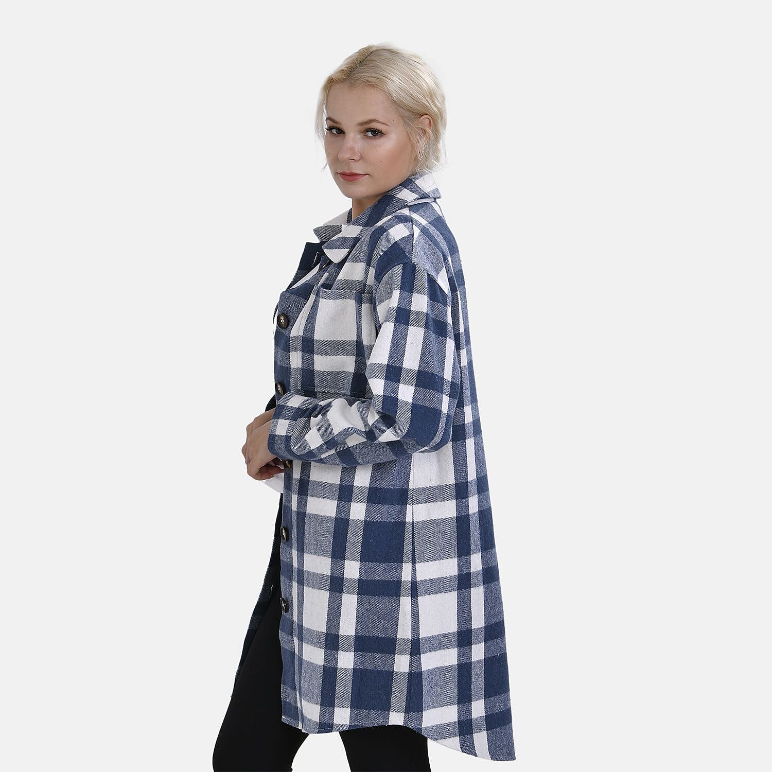 TAMSY Brushed Checked Long Length Shirt Coat - Black