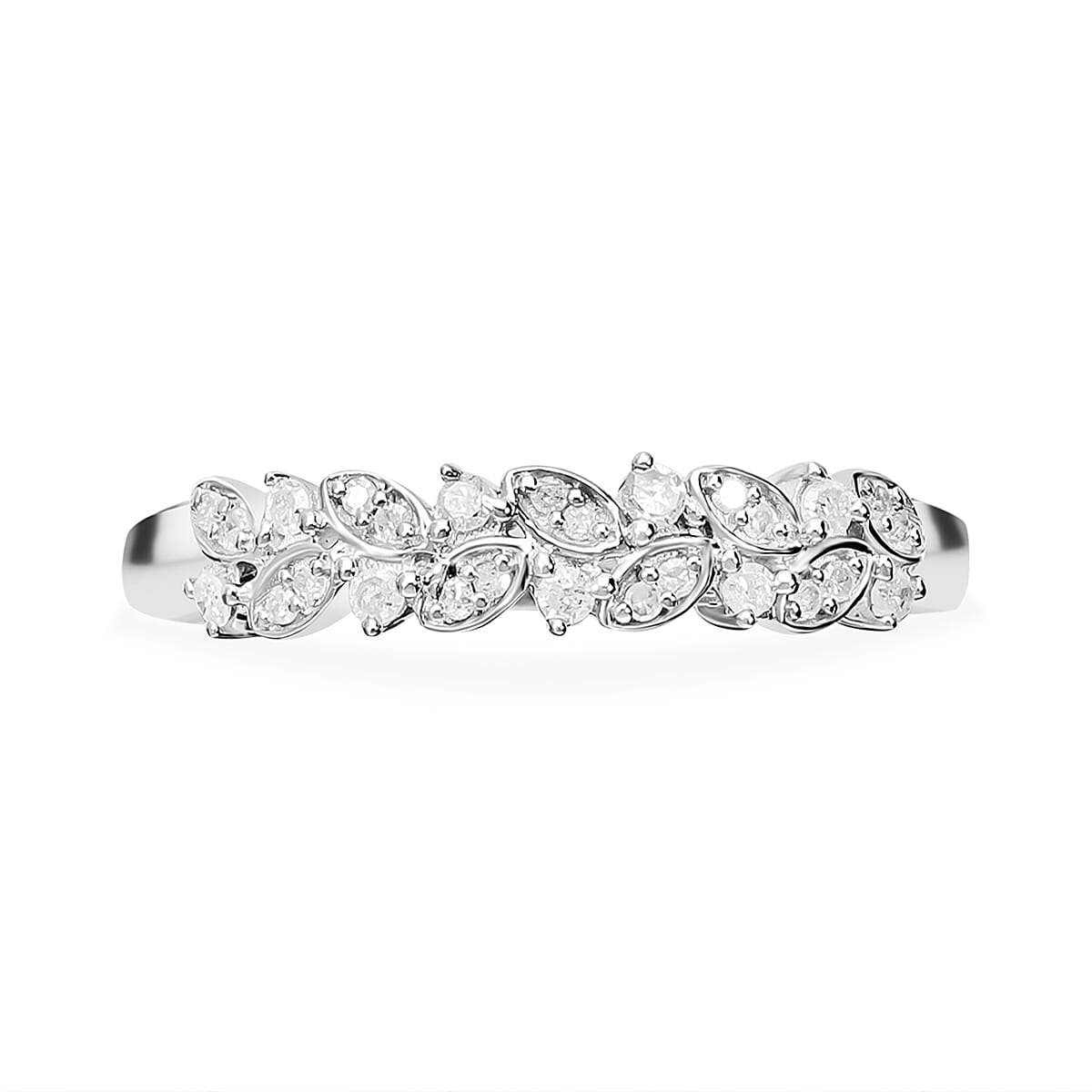 Diamond Leaf Ring in Platinum Overlay Sterling Silver 0.19 Ct