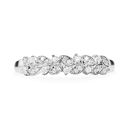 Diamond Leaf Ring in Platinum Overlay Sterling Silver 0.19 Ct