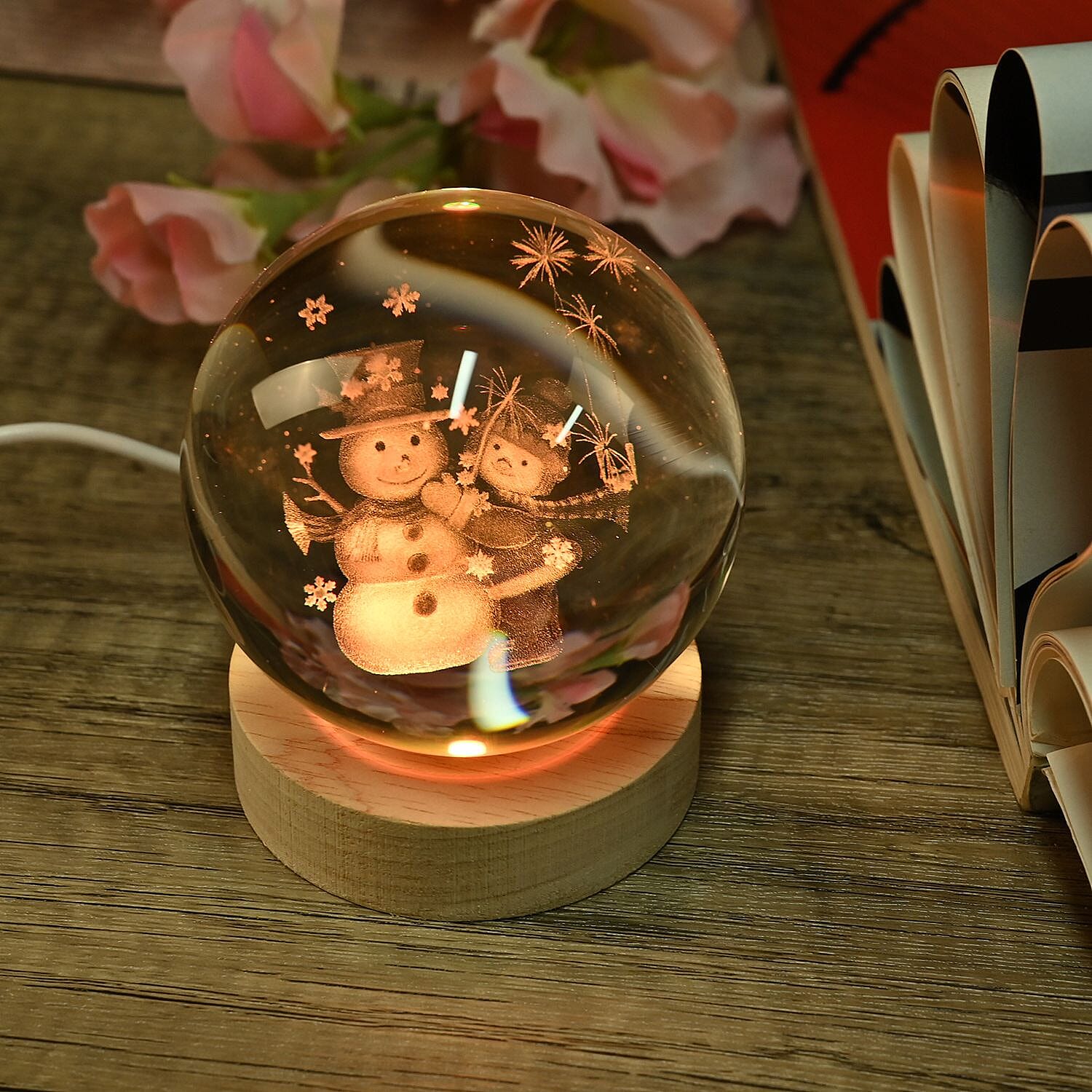  3D Engraved Snowman Crystal Ball with LED RGB Colour Changing Light and Wooden Base with USB Cable