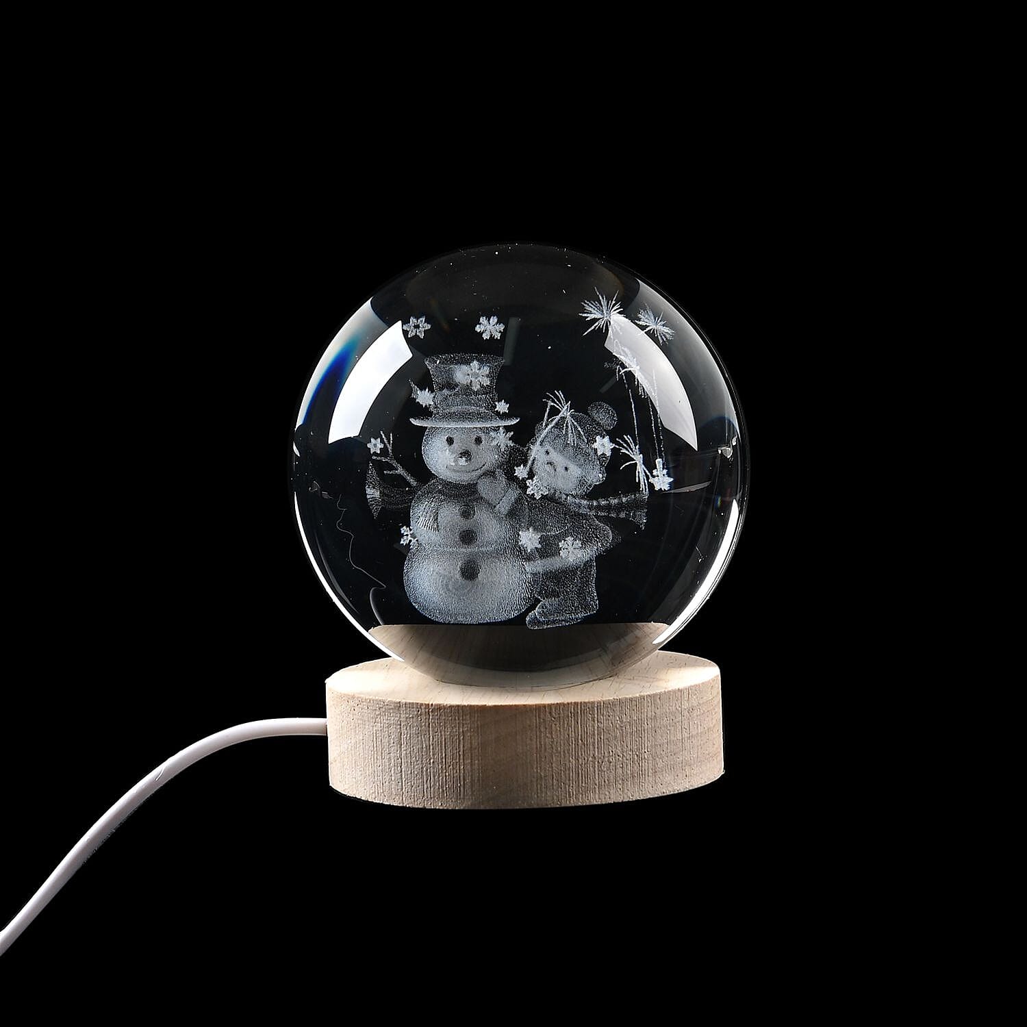  3D Engraved Snowman Crystal Ball with LED RGB Colour Changing Light and Wooden Base with USB Cable