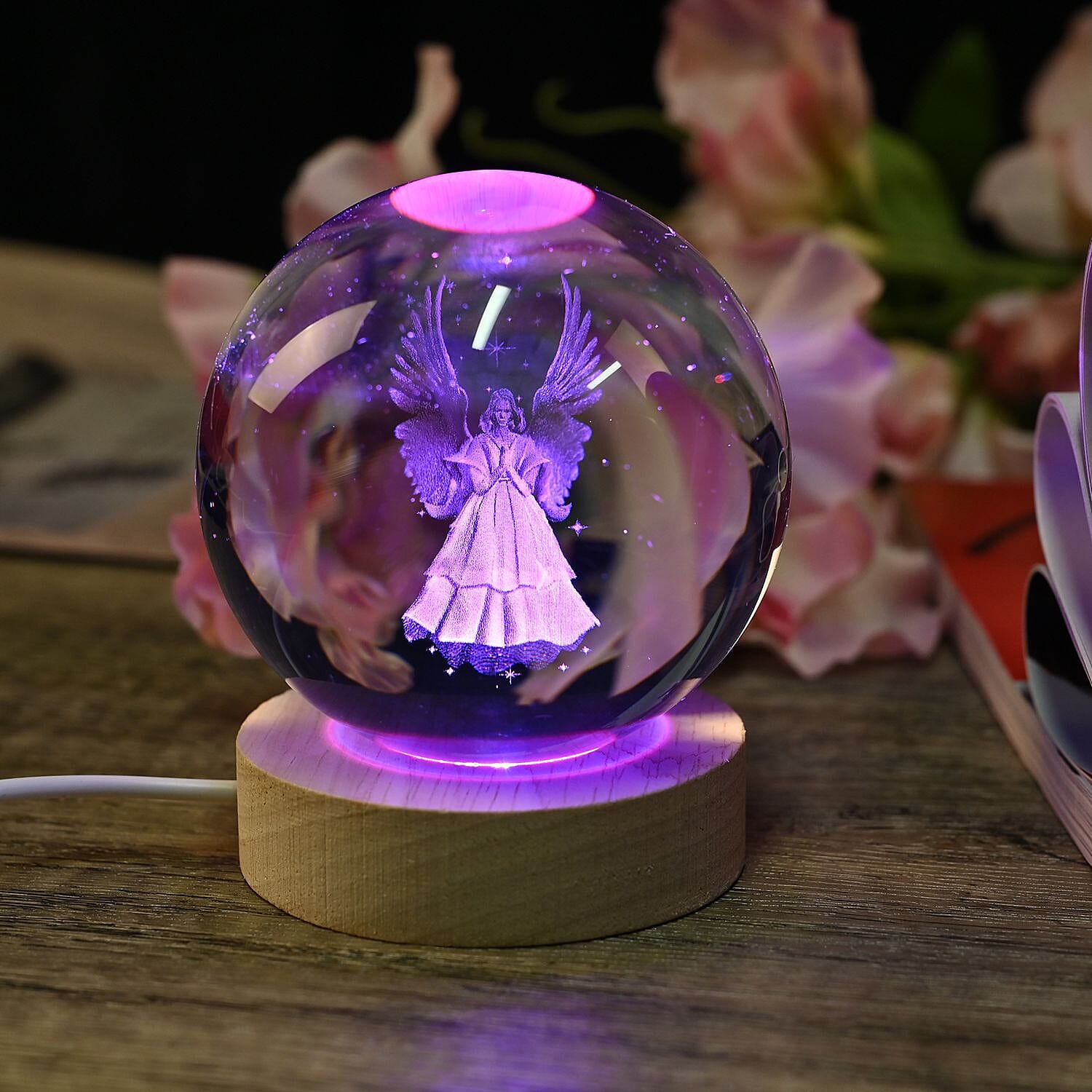 3D Engraved Angel Crystal Ball with LED RGB Color Changing Light & Wooden Base with USB Cable