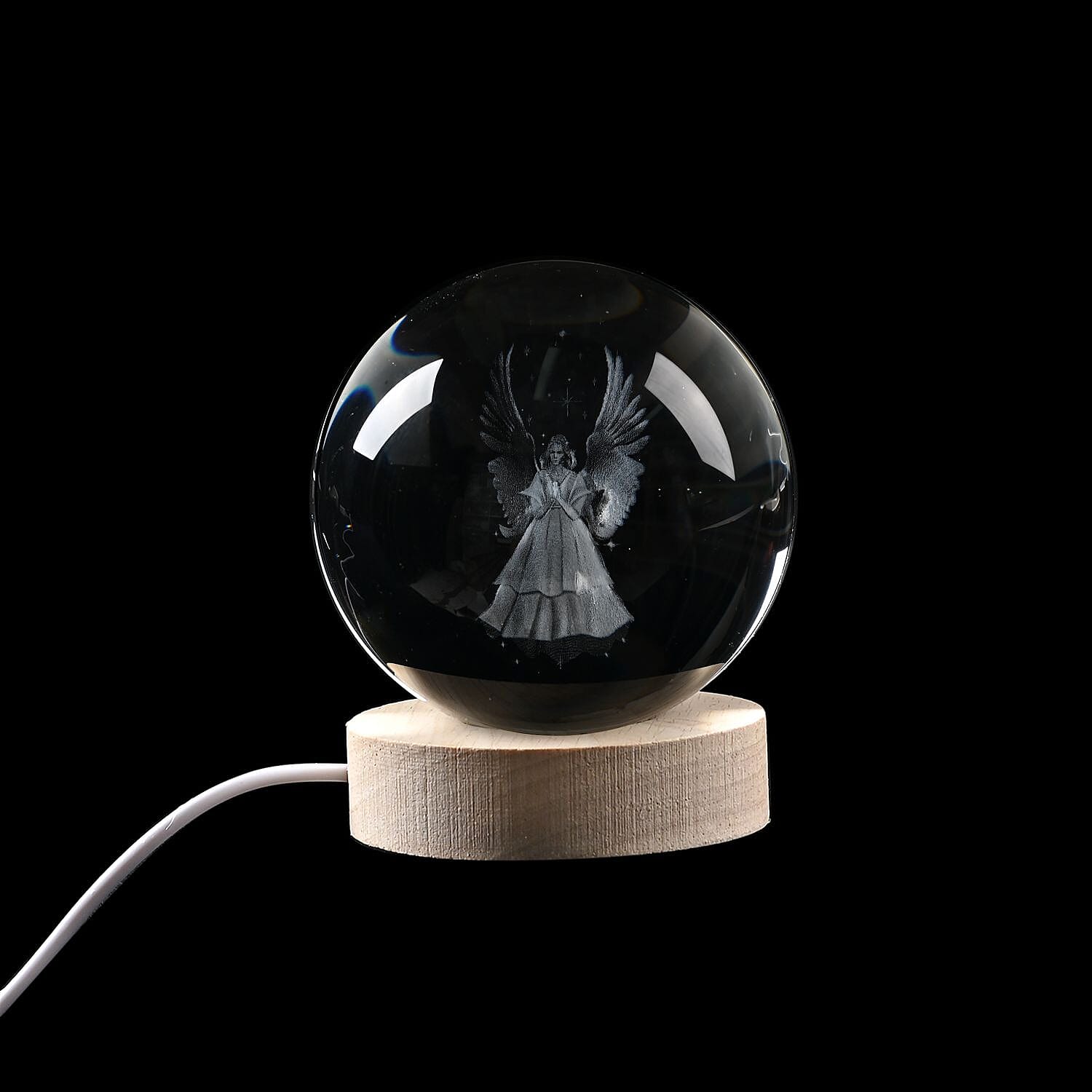 3D Engraved Angel Crystal Ball with LED RGB Color Changing Light & Wooden Base with USB Cable